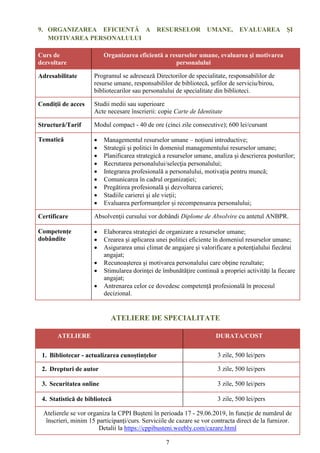 7
9. ORGANIZAREA EFICIENTĂ A RESURSELOR UMANE, EVALUAREA ŞI
MOTIVAREA PERSONALULUI
Curs de
dezvoltare
Organizarea eficientă a resurselor umane, evaluarea şi motivarea
personalului
Adresabilitate Programul se adresează Directorilor de specialitate, responsabililor de
resurse umane, responsabililor de bibliotecă, şefilor de serviciu/birou,
bibliotecarilor sau personalului de specialitate din biblioteci.
Condiții de acces Studii medii sau superioare
Acte necesare înscrierii: copie Carte de Identitate
Structură/Tarif Modul compact - 40 de ore (cinci zile consecutive); 600 lei/cursant
Tematică  Managementul resurselor umane – noțiuni introductive;
 Strategii şi politici în domeniul managementului resurselor umane;
 Planificarea strategică a resurselor umane, analiza şi descrierea posturilor;
 Recrutarea personalului/selecţia personalului;
 Integrarea profesională a personalului, motivaţia pentru muncă;
 Comunicarea în cadrul organizaţiei;
 Pregătirea profesională şi dezvoltarea carierei;
 Stadiile carierei şi ale vieţii;
 Evaluarea performanţelor și recompensarea personalului;
Certificare Absolvenţii cursului vor dobândi Diplome de Absolvire cu antetul ANBPR.
Competențe
dobândite
 Elaborarea strategiei de organizare a resurselor umane;
 Crearea și aplicarea unei politici eficiente în domeniul resurselor umane;
 Asigurarea unui climat de angajare şi valorificare a potenţialului fiecărui
angajat;
 Recunoaşterea şi motivarea personalului care obţine rezultate;
 Stimularea dorinţei de îmbunătăţire continuă a propriei activităţi la fiecare
angajat;
 Antrenarea celor ce dovedesc competenţă profesională în procesul
decizional.
ATELIERE DE SPECIALITATE
ATELIERE DURATA/COST
1. Bibliotecar - actualizarea cunoștințelor 3 zile, 500 lei/pers
2. Drepturi de autor 3 zile, 500 lei/pers
3. Securitatea online 3 zile, 500 lei/pers
4. Statistică de bibliotecă 3 zile, 500 lei/pers
Atelierele se vor organiza la CPPI Bușteni în perioada 17 - 29.06.2019, în funcție de numărul de
înscrieri, minim 15 participanți/curs. Serviciile de cazare se vor contracta direct de la furnizor.
Detalii la https://cppibusteni.weebly.com/cazare.html
 
