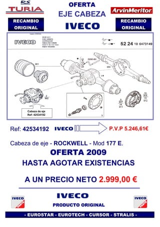 OFERTA
                         EJE CABEZA
RECAMBIO                                        RECAMBIO
 ORIGINAL                                       ORIGINAL




    Fuelle suspensión
      Ref: 8188526
        Ref.Pirelli
      Cabeza de eje
        1S-270-23
      Ref: 42534192




Ref: 42534192                               P.V.P 5.246,61€

Cabeza de eje - ROCKWELL - Mod 177 E.
          OFERTA 2009
    HASTA AGOTAR EXISTENCIAS

    A UN PRECIO NETO 2.999,00 €


                        PRODUCTO ORIGINAL

    - EUROSTAR - EUROTECH - CURSOR - STRALIS -
 