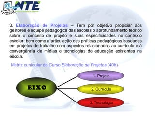 Matriz curricular do Curso  Elaboração de Projetos  (40h) 3.  Elaboração de Projetos  – Tem por objetivo propiciar aos gestores e equipe pedagógica das escolas o aprofundamento teórico sobre o conceito de projeto e suas especificidades no contexto escolar, bem como a articulação das práticas pedagógicas baseadas em projetos de trabalho com aspectos relacionados ao currículo e à convergência de mídias e tecnologias de educação existentes na escola. EIXO 1. Projeto 2. Currículo 3. Tecnologia 