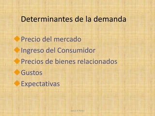 Jesus A PerezLey de la demandaLa ley de la demandasostienequeexisteunarelacióninversa entre el precio y la cantidaddemandada.La tabla de demandamuestra la relación entre el preciodel bien y la cantidaddemandada.