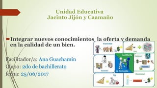 Unidad Educativa
Jacinto Jijón y Caamaño
Integrar nuevos conocimientos la oferta y demanda
en la calidad de un bien.
Facilitador/a: Ana Guachamin
Curso: 2do de bachillerato
fecha: 25/06/2017
 