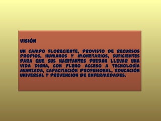 Visión
Un campo floreciente, provisto de recursos
propios, humanos y monetarios, suficientes
para que sus habitantes puedan llevar una
vida digna, con pleno acceso a tecnología
avanzada, capacitación profesional, educación
universal y prevención de enfermedades.
 