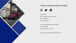 Visita nuestras redes sociales:
CONTACTO
ING. CARLOS CASTILLO ACERO
0412 - 5664074
Director Ejecutivo
TSU. ESTHEFANIA GARCIA SANCHEZ
0414-5029836
Comercialización y Ventas
Email: carloscastillo.consultor@gmail.com
”
 