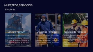 NUESTROS SERVICIOS
Servicio de limpieza y recolección de
desechos orgánicos en trampas de
grasa, tanquillas, sépticos, sumideros
y fosas de desechos, mediante el
empleo de camiones de alto vacio
tipo vacuum.
Servicio Vacuum
Diseño y puesta en marcha de planes
de gestión integral de residuos y
desechos peligrosos y no peligrosos,
gestión de puntos limpios
empresariales y eliminación de
desechos a gran escala.
Gestión de residuos
Contamos con servicio de embalaje,
manejo y transporte a disposición final
de materiales y desechos peligrosos y
biologicos en bidones y a granel en
formas líquidas, sólidas, semisólidas,
lodos y gases.
Desechos Peligrosos
Ambiente
 