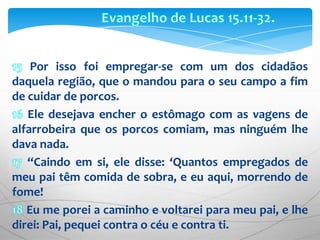 Evangelho de Lucas 15.11-32.15 Por isso foi empregar-se com um dos cidadãos daquela região, que o mandou para o seu campo a fim de cuidar de porcos. 16 Ele desejava encher o estômago com as vagens de alfarrobeira que os porcos comiam, mas ninguém lhe dava nada.17 “Caindo em si, ele disse: ‘Quantos empregados de meu pai têm comida de sobra, e eu aqui, morrendo de fome! 18 Eu me porei a caminho e voltarei para meu pai, e lhe direi: Pai, pequei contra o céu e contra ti. 