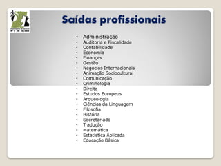 Saídas profissionais
• Administração
• Auditoria e Fiscalidade
• Contabilidade
• Economia
• Finanças
• Gestão
• Negócios Internacionais
• Animação Sociocultural
• Comunicação
• Criminologia
• Direito
• Estudos Europeus
• Arqueologia
• Ciências da Linguagem
• Filosofia
• História
• Secretariado
• Tradução
• Matemática
• Estatística Aplicada
• Educação Básica
 