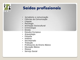 Saídas profissionais
• Jornalismo e comunicação
• Ciências da Comunicação
• Línguas
• Psicologia
• Animação Sociocultural
• Criminologia
• Direito
• Estudos Europeus
• Arqueologia
• Filosofia
• História
• Secretariado
• Tradução
• Professores do Ensino Básico
• Educação Básica
• Música
• Serviço Social
 