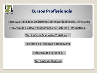 Cursos Profissionais
Técnico/a de Geriatria
Técnico/a de Gestão e Programação de Sistemas Informáticos.
Técnico/a Instalador de Sistemas Térmicos de Energias Renováveis
Técnico/a de Operações Turísticas
Técnico/a de Multimédia
Técnico/a de Produção Agropecuária
 