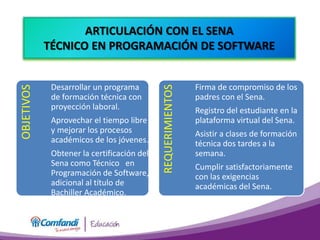 OBJETIVOS
Desarrollar un programa
de formación técnica con
proyección laboral.
Aprovechar el tiempo libre
y mejorar los procesos
académicos de los jóvenes.
Obtener la certificación del
Sena como Técnico en
Programación de Software,
adicional al título de
Bachiller Académico.
REQUERIMIENTOS
Firma de compromiso de los
padres con el Sena.
Registro del estudiante en la
plataforma virtual del Sena.
Asistir a clases de formación
técnica dos tardes a la
semana.
Cumplir satisfactoriamente
con las exigencias
académicas del Sena.
ARTICULACIÓN CON EL SENA
TÉCNICO EN PROGRAMACIÓN DE SOFTWARE
 
