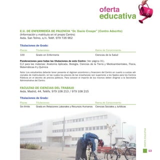oferta
                                                                      oferta
                                                                        educativa
                                                                      educativa
E.U. DE ENFERMERÍA DE PALENCIA “Dr. Dacio Crespo” (Centro Adscrito)
(Información y matrícula en el propio Centro)
Avda. San Telmo, s/n. Teléf. 979 726 962

Titulaciones de Grado:
Plazas         Titulaciones                                                Rama de Conocimiento
100            Grado en Enfermería                                         Ciencias de la Salud

Ponderaciones para todas las titulaciones de este Centro: (Ver página 31).
0,2 para las materias: Anatomía Aplicada, Biología, Ciencias de la Tierra y Medioambientales, Física,
Matemáticas II y Química

Nota: Los estudiantes deberán tener presente el régimen económico y financiero del Centro en cuanto a cuotas adi-
cionales de matriculación, en las cuales los precios de las enseñanzas son superiores a los fijados para los Centros
Públicos en el decreto de precios públicos. Para conocer el importe de los mismos deben dirigirse a la Secretaría
Administrativa del Centro.


FACULTAD DE CIENCIAS DEL TRABAJO
Avda. Madrid, 44. Teléfs. 979 108 213 / 979 108 215

Titulaciones de Grado:
Plazas         Titulaciones                                                Rama de Conocimiento
Sin límite     Grado en Relaciones Laborales y Recursos Humanos            Ciencias Sociales y Jurídicas




                                                                                                                       OFERTA EDUCATIVA

                                                                                                                                          13
 