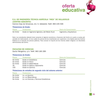 oferta
                                                                      oferta
                                                                        educativa
                                                                      educativa
E.U. DE INGENIERÍA TÉCNICA AGRÍCOLA “INEA” DE VALLADOLID
(CENTRO ADSCRITO)
Camino Viejo de Simancas, km. 5. Valladolid. Teléf. 983 235 506
Titulaciones de Grado:
Plazas         Titulaciones                                                Rama de Conocimiento
Sin límite     Grado en Ingeniería Agrícola y del Medio Rural              Ingeniería y Arquitectura


Nota: Los estudiantes deberán tener presente el régimen económico y financiero del Centro en cuanto a cuotas adi-
cionales de matriculación, en las cuales los precios de las enseñanzas son superiores a los fijados para los Centros
Públicos en el decreto de precios públicos. Para conocer el importe de los mismos deben dirigirse a la Secretaría
Administrativa del Centro.



FACULTAD DE CIENCIAS
Doctor Mergelina, s/n. Teléf. 983 185 289

Titulaciones de Grado:
Plazas         Titulaciones                                                Rama de Conocimiento
Sin límite     Grado en Estadística                                        Ciencias
Sin límite     Grado en Física                                             Ciencias
Sin límite     Grado en Matemáticas                                        Ciencias
30             Grado en Óptica y Optometría                                Ciencias
100            Grado en Química                                            Ciencias
Titulaciones de estudios de segundo ciclo del sistema anterior:
Plazas         Titulaciones
Sin límite     Lic. en Química
Sin límite     Lic. en Matemáticas
Sin límite     Lic. en Ciencias y Técnicas Estadísticas




                                                                                                                       OFERTA EDUCATIVA

                                                                                                                                          21
 