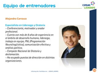 13 
Información Confidencial – CREAR LIDERES 
Alejandro Carrasco Especialista en Liderazgo y Oratoria - Conferenciante, motivador y orador profesional. - Cuenta con más de 8 años de experiencia en el ámbito de desarrollo humano, liderazgo, trabajo en equipo, PNL (Programación Neurolingüística), comunicación efectiva y análisis político. - Campeón Nacional de Oratoria y declamación. - Ha ocupado puestos de dirección en distintas organizaciones.  