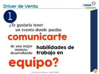 6 
comunicarte 
habilidades de trabajo en 
¿Te gustaría tener un evento donde puedas 
de una mejor manera, desarrollando 
equipo? 
Información Confidencial – CREAR LIDERES  