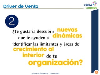 ¿Te gustaría descubrir 
que te ayuden a 
identificar las limitantes y áreas de 
7 
Información Confidencial – CREAR LIDERES 
crecimiento al interior 
nuevas dinámicas 
organización? 
de tu  