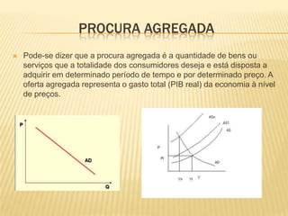 PROCURA AGREGADA
   Pode-se dizer que a procura agregada é a quantidade de bens ou
    serviços que a totalidade dos consumidores deseja e está disposta a
    adquirir em determinado período de tempo e por determinado preço. A
    oferta agregada representa o gasto total (PIB real) da economia à nível
    de preços.
 
