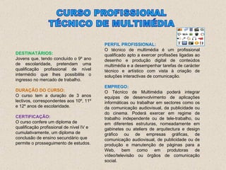 DESTINATÁRIOS: Jovens que, tendo concluído o 9º ano de escolaridade, pretendam uma qualificação profissional de nível intermédio que lhes possibilite o ingresso no mercado de trabalho. DURAÇÃO DO CURSO: O curso tem a duração de 3 anos lectivos, correspondentes aos 10º, 11º e 12º anos de escolaridade. CERTIFICAÇÃO: O curso confere um diploma de  qualificação profissional de nível IV e cumulativamente, um diploma de conclusão de ensino secundário que permite o prosseguimento de estudos. PERFIL PROFISSIONAL: O técnico de multimédia é um profissional qualificado apto a exercer profissões ligadas ao desenho e produção digital de conteúdos multimédia e a desempenhar tarefas de carácter técnico e artístico com vista à criação de soluções interactivas de comunicação.  EMPREGO: O Técnico de Multimédia poderá integrar equipas de desenvolvimento de aplicações informáticas ou trabalhar em sectores como os da comunicação audiovisual, da publicidade ou do cinema. Poderá exercer em regime de trabalho independente ou de tele-trabalho, ou em diferentes estruturas, nomeadamente em gabinetes ou ateliers de arquitectura e design gráfico ou de empresas gráficas, de comunicação audiovisual, de publicidade ou de produção e manutenção de páginas para a Web, bem como em produtoras de vídeo/televisão ou órgãos de comunicação social. 