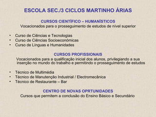 ESCOLA SEC./3 CICLOS MARTINHO ÁRIAS CURSOS CIENTÍFICO – HUMANÍSTICOS Vocacionados para o prosseguimento de estudos de nível superior Curso de Ciências e Tecnologias Curso de Ciências Socioeconómicas Curso de Línguas e Humanidades CURSOS PROFISSIONAIS Vocacionados para a qualificação inicial dos alunos, privilegiando a sua inserção no mundo do trabalho e permitindo o prosseguimento de estudos Técnico de Multimédia Técnico de Manutenção Industrial / Electromecânica Técnico de Restaurante – Bar CENTRO DE NOVAS OPRTUNIDADES Cursos que permitem a conclusão do Ensino Básico e Secundário  