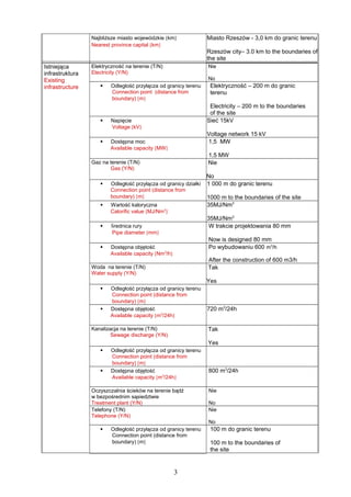 Najbliższe miasto wojewódzkie [km]
Nearest province capital [km]
Miasto Rzeszów - 3,0 km do granic terenu
Rzeszów city– 3.0 km to the boundaries of
the site
Istniejąca
infrastruktura
Existing
infrastructure
Elektryczność na terenie (T/N)
Electricity (Y/N)
Nie
No
 Odległość przyłącza od granicy terenu
Connection point (distance from
boundary) [m]
Elektryczność – 200 m do granic
terenu
Electricity – 200 m to the boundaries
of the site
 Napięcie
Voltage [kV]
Sieć 15kV
Voltage network 15 kV
 Dostępna moc
Available capacity [MW]
1,5 MW
1,5 MW
Gaz na terenie (T/N)
Gas (Y/N)
Nie
No
 Odległość przyłącza od granicy działki
Connection point (distance from
boundary) [m]
1 000 m do granic terenu
1000 m to the boundaries of the site
 Wartość kaloryczna
Calorific value [MJ/Nm3
]
35MJ/Nm3
35MJ/Nm3
 Średnica rury
Pipe diameter [mm]
W trakcie projektowania 80 mm
Now is designed 80 mm
 Dostępna objętość
Available capacity [Nm3
/h]
Po wybudowaniu 600 m3
/h
After the construction of 600 m3/h
Woda na terenie (T/N)
Water supply (Y/N)
Tak
Yes
 Odległość przyłącza od granicy terenu
Connection point (distance from
boundary) [m]
 Dostępna objętość
Available capacity [m3
/24h]
720 m3
/24h
Kanalizacja na terenie (T/N)
Sewage discharge (Y/N)
Tak
Yes
 Odległość przyłącza od granicy terenu
Connection point (distance from
boundary) [m]
 Dostępna objętość
Available capacity [m3
/24h]
800 m3
/24h
Oczyszczalnia ścieków na terenie bądź
w bezpośrednim sąsiedztwie
Treatment plant (Y/N)
Nie
No
Telefony (T/N)
Telephone (Y/N)
Nie
No
 Odległość przyłącza od granicy terenu
Connection point (distance from
boundary) [m]
100 m do granic terenu
100 m to the boundaries of
the site
3
 