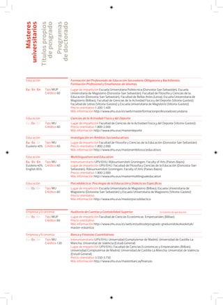 Másteres
universitarios
Títulospropios
deposgrado
Programas
dedoctorado
Educación Formación del Profesorado de Educación Secundaria Obligatoria y Bachillerato,
Formación Profesional y Enseñanzas de Idiomas
Lugar de impartición Escuela Universitaria Politécnica (Donostia-San Sebastián), Escuela
Universitaria de Magisterio (Donostia-San Sebastián), Facultad de Filosofía y Ciencias de la
Educación (Donostia-San Sebastián), Facultad de Bellas Artes (Leioa), Escuela Universitaria de
Magisterio (Bilbao), Facultad de Ciencias de la Actividad Física y del Deporte (Vitoria-Gasteiz),
Facultad de Letras (Vitoria-Gasteiz) y Escuela Universitaria de Magisterio (Vitoria-Gasteiz)
Precio orientativo 1.200-1.400
Más información http://www.ehu.eus/es/web/masterformacionprofesoradosecundaria
Eu I Es I En Tipo MUP
Créditos 60
Educación Ciencias de la Actividad Física y del Deporte
Eu I Es I En Lugar de impartición Facultad de Ciencias de la Actividad Física y del Deporte (Vitoria-Gasteiz)
Precio orientativo 1.800-2.000
Más información http://www.ehu.eus/masterdeporte
Tipo MU
Créditos 60
Educación Investigación en Ámbitos Socioeducativos
Eu I Es I En
Euskera 40%
Lugar de impartición Facultad de Filosofía y Ciencias de la Educación (Donostia-San Sebastián)
Precio orientativo 1.800-2.000
Más información http://www.ehu.eus/masterambitosocieducativos
Tipo MU
Créditos 60
Educación Multilingualism and Education
Eu I Es I En
Euskera 40%
English 85%
Interuniversitario UPV/EHU; Rijksuniversiteit Groningen: Faculty of Arts (Países Bajos)
Lugar de impartición UPV/EHU: Facultad de Filosofía y Ciencias de la Educación (Donostia-San
Sebastián); Rijksuniversiteit Groningen: Faculty of Arts (Países Bajos)
Precio orientativo 1.800-2.000
Más información http://www.ehu.eus/mastermultilingualeducation
Tipo MU
Créditos 60
Educación Psicodidáctica: Psicología de la Educación y Didácticas Específicas
Eu I Es I En Lugar de impartición Escuela Universitaria de Magisterio (Bilbao), Escuela Universitaria de
Magisterio (Donostia-San Sebastián) y Escuela Universitaria de Magisterio (Vitoria-Gasteiz)
Precio orientativo
Más información http://www.ehu.eus/masterpsicodidactica
Tipo MU
Créditos 60
Empresa y Economía Auditoría de Cuentas y Contabilidad Superior
Eu I Es I En Lugar de impartición Facultad de Ciencias Económicas Empresariales (Bilbao)
Precio orientativo
Más información http://www.ehu.eus/es/web/estudiosdeposgrado-graduondokoikasketak/
master-eskaintza
Tipo MUP
Créditos 60
Empresa y Economía Banca y Finanzas Cuantitativas
Eu I Es I En Interuniversitario UPV/EHU; Universidad Complutense de Madrid; Universidad de Castilla-La
Mancha; Universitat de València (Estudi General)
Lugar de impartición UPV/EHU: Facultad de Ciencias Económicas y Empresariales (Bilbao),
Universidad Complutense de Madrid; Universidad de Castilla-La Mancha; Universitat de València
(Estudi General)
Precio orientativo 3.550-3.750
Más información http://www.ehu.eus/masterbancayfinanzas
Tipo MU
Créditos 120
En trámite de aprobación
 
