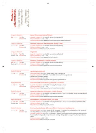 Másteres
universitarios
Títulospropios
deposgrado
Programas
dedoctorado
Lengua y Literatura Euskal Hizkuntzalaritza eta Filologia
Eu I Es I En Lugar de impartición Facultad de Letras (Vitoria-Gasteiz)
Precio orientativo 1.550-1.750
Más información http://www.ehu.eus/euskalhizkuntzalaritzamasterra
Tipo MU
Créditos 60
Lengua y Literatura Language Acquisition in Multilinguam Settings (LAMS)
Eu I Es I En Lugar de impartición Facultad de Letras (Vitoria-Gasteiz)
Precio orientativo 1.550-1.750
Más información http://www.ehu.eus/lams
Tipo MU
Créditos 60
Lengua y Literatura Lingüística
Eu I Es I En
English 70%
Lugar de impartición Facultad de Letras (Vitoria-Gasteiz)
Precio orientativo 1.550-1.750
Más información http://www.ehu.eus/linguistics
Tipo MU
Créditos 60
Lengua y Literatura Literatura Comparada y Estudios Literarios
Eu I Es I En
Euskera 15%
Lugar de impartición Facultad de Letras (Vitoria-Gasteiz)
Precio orientativo 1.550-1.750
Más información http://www.ehu.eus/masterliteratura
Tipo MU
Créditos 60
Medio Ambiente Agrobiología Ambiental
Eu I Es I En Interuniversitario UPV/EHU; Universidad Pública de Navarra
Lugar de impartición UPV/EHU: Facultad de Ciencia y Tecnología (Leioa);
Universidad Pública de Navarra
Precio orientativo 2.150-2.350
Más información http://www.ehu.eus/agrobiologiaambiental
Tipo MU
Créditos 60
Medio Ambiente Biodiversidad, Funcionamiento y Gestión de Ecosistemas
Eu I Es I En Lugar de impartición Facultad de Ciencia y Tecnología (Leioa)
Precio orientativo 2.150-2.350
Más información http://www.ehu.eus/masterbiodiversidad
Tipo MU
Créditos 60
Medio Ambiente Cuaternario: Cambios Ambientales y Huella Humana
Eu I Es I En Lugar de impartición Facultad de Ciencia y Tecnología (Leioa) y Facultad de Letras (Vitoria-Gasteiz)
Precio orientativo 2.150-2.350
Más información http://www.ehu.eus/mastercuaternario
Tipo MU
Créditos 60
Medio Ambiente Erasmus Mundus Master of Science in Marine Environment and Resources
Eu I Es I En Interuniversitario UPV/EHU; Université de Bordeaux 1 Sciencies Technologies (Francia); Université
de Liège (Bélgica); University of Southampton (Reino Unido)
Lugar de impartición UPV/EHU: Facultad de Ciencia y Tecnología (Leioa); Université de Bordeaux 1
Sciencies Technologies (Francia); Université de Liège (Bélgica); University of Southampton (Reino
Unido)
Precio orientativo 4.300-4.500
Más información http://www.ehu.eus/mer
Tipo MU
Créditos 120
Medio Ambiente Environmental Contamination and Toxicology
Eu I Es I En
English 88%
Lugar de impartición Facultad de Ciencia y Tecnología (Leioa) y Estación Marina de Plentzia (PIE)
Precio orientativo 2.150-2.350
Más información http://www.ehu.eus/cta
Tipo MU
Créditos 60
 