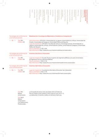 Tecnologías de la Información
y las Comunicaciones
Modelización e Investigación Matemática, Estadística y Computación
Interuniversitario UPV/EHU; Universidad de La Laguna; Universidad de La Rioja; Universidad de
Oviedo; Universidad de Zaragoza; Universidad Pública de Navarra
Lugar de impartición UPV/EHU: Facultad de Ciencia y Tecnología (Leioa); Universidad de La
Laguna; Universidad de La Rioja; Universidad de Oviedo; Universidad de Zaragoza; Universidad
Pública de Navarra
Precio orientativo 2.100-2.300
Más información http://www.ehu.eus/mastermodelizacionmatematica
Eu I Es I En Tipo MU
Créditos 60
Tecnologías de la Información
y las Comunicaciones
Sistemas Electrónicos Avanzados
Lugar de impartición Escuela Técnica Superior de Ingeniería (Bilbao) y Escuela Universitaria
de Ingeniería Técnica Industrial (Bilbao)
Precio orientativo 1.950-2.150
Más información http://www.ehu.eus/mastersistemaselectronicosavanzados
Eu I Es I En Tipo MU
Créditos 60
Tecnologías de la Información
y las Comunicaciones
Sistemas Informáticos Avanzados
Lugar de impartición Facultad de Informática (Donostia-San Sebastián)
Precio orientativo 1.950-2.150
Más información http://www.ehu.eus/sistemasinformaticosavanzados
Eu I Es I En Tipo MU
Créditos 60
La horquilla del precio está calculada sobre la Orden de
Precios Públicos del Gobierno Vasco para el curso 2014-15,
considerando el total de créditos en primera matrícula.
Tipo MU
Máster
Universitario
Tipo MUP
Máster
Universitario
con Atribuciones
Profesionales
Arquitectura
Arte
Biomedicina
CalidaddeVidaySalud
Ciencia,Política
ySociedad
CienciayTecnología
delosAlimentos
Ciencia
yTecnologíaEspacial
Derecho
Educación
EmpresayEconomía
EnergíasRenovables
ySostenibilidad
Física,Química
yMateriales
HistoriayFilosofía
IngenieríayTecnología
LenguayLiteratura
MedioAmbiente
Periodismo
yComunicación
Psicología
RecursosHumanos
yPrevención
Tecnologías
delaInformación
ylasComunicaciones
 