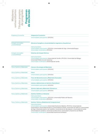 Másteres
universitarios
Títulospropios
deposgrado
Programas
dedoctorado
Energías renovables
y Sostenibilidad
Eficiencia Energética y Sostenibilidad en Ingeniería y Arquitectura
Interuniversitario
Universidades participantes UPV/EHU; Universidade de Vigo; Universidad Burgos
Universidad coordinadora UPV/EHU
Energías renovables
y Sostenibilidad
Sistemas de Energía Eléctrica
Interuniversitario
Universidades participantes Universidad de Sevilla; UPV/EHU; Universidad de Málaga;
Universitat Politècnica de Catalunya
Universidad coordinadora Universidad de Sevilla
Física, Química y Materiales Ciencia y Tecnología de Materiales
Universidades participantes UPV/EHU
Física, Química y Materiales Física
Universidades participantes UPV/EHU
Física, Química y Materiales Física de Nanoestructuras y Materiales Avanzados
Universidades participantes UPV/EHU
Física, Química y Materiales Láseres y Aplicaciones en Química (Quimiláser)
Universidades participantes UPV/EHU
Física, Química y Materiales Química Aplicada y Materiales Poliméricos
Universidades participantes UPV/EHU
Física, Química y Materiales Química Sintética e Industrial
Interuniversitario
Universidades participantes UPV/EHU; Universidad Pública de Navarra
Universidad coordinadora UPV/EHU
Física, Química y Materiales Química Teórica y Modelización Computacional
Interuniversitario
Universidades participantes Universidad Autónoma Madrid; UPV/EHU; Universidad de
Extremadura; Universidad de Murcia; Universidad de Oviedo; Universitat de València; Universidade
de Vigo; Universitat Jaume I de Castellón; Universitat de les Illes Balears; Universidad de Sevilla;
Universidad de Cantabria; Universitat de Barcelona; Universidad Complutense de Madrid
Universidad coordinadora Universidad Autónoma de Madrid
Empresa y Economía Integración Económica
Universidades participantes UPV/EHU
 