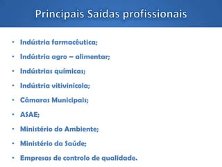 • Indústria farmacêutica;
• Indústria agro – alimentar;
• Indústrias químicas;
• Indústria vitivinícola;
• Câmaras Municipais;
• ASAE;
• Ministério do Ambiente;
• Ministério da Saúde;
• Empresas de controlo de qualidade.
 