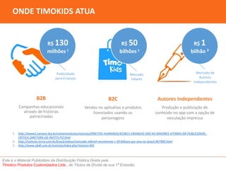 ONDE TIMOKIDS ATUA 
B2B 
Campanhas educacionais 
através de histórias 
patrocinadas 
B2C 
Vendas no aplicativo e produtos 
licenciados usando os 
personagens 
Este é o Material Publicitário da Distribuição Pública Direta pela 
Timolico Produtos Customizados Ltda., de Títulos de Dívida de sua 1ª Emissão. 
Autores Independentes 
Produção e publicação de 
conteúdo no app com a opção de 
veiculação impressa 
1. http://www2.camara.leg.br/camaranoticias/noticias/DIREITOS-HUMANOS/423815-CRIANCAS-SAO-AS-MAIORES-VITIMAS-DA-PUBLICIDADE,- 
CRITICA-DIRETORA-DE-INSTITUTO.html 
2. http://noticias.terra.com.br/brasil/videos/mercado-infantil-movimenta-r-50-bilhoes-por-ano-no-brasil,467400.html 
3. http://www.abdl.com.br/noticias/index.php?noticia=492 
R$ 1 
bilhão 3 
R$ 130 
milhões 1 
R$ 50 
bilhões 2 
Mercado 
Infantil 
Publicidade 
para Crianças 
Mercado de 
Autores 
Independentes 
 