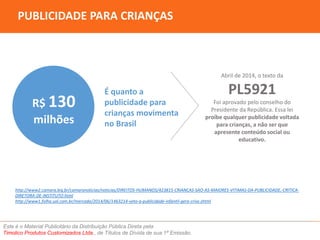 PUBLICIDADE PARA CRIANÇAS 
R$ 130 
milhões 
É quanto a 
publicidade para 
crianças movimenta 
no Brasil 
Este é o Material Publicitário da Distribuição Pública Direta pela 
Timolico Produtos Customizados Ltda., de Títulos de Dívida de sua 1ª Emissão. 
Abril de 2014, o texto da 
PL5921 
Foi aprovado pelo conselho do 
Presidente da República. Essa lei 
proíbe qualquer publicidade voltada 
para crianças, a não ser que 
apresente conteúdo social ou 
educativo. 
http://www2.camara.leg.br/camaranoticias/noticias/DIREITOS-HUMANOS/423815-CRIANCAS-SAO-AS-MAIORES-VITIMAS-DA-PUBLICIDADE,-CRITICA-DIRETORA- 
DE-INSTITUTO.html 
http://www1.folha.uol.com.br/mercado/2014/06/1463214-veto-a-publicidade-infantil-gera-crise.shtml 
 