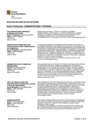 OFERTAS DE EMPLEO EN DIFUSIÓN
Sector Profesional: ADMINISTRACIÓN Y OFICINAS
TELEOPERADORES EMPRESA
ALEMANA EN PALMA.
Palma de Mallorca (ILLES BALEARS)
Oferta: 042013000034
14/01/2014
Oficina: INCA

ATENCION TELEFONICA Y VIA MAIL A CLIENTES ALEMANES.
IMPRESCINDIBLE ALEMAN NATIVO. CONTRATO INDEFINIDO A TIEMPO
COMPLETO O PARCIAL. HORARIO ROTATIVO PORTURNOS. SUELDO
1.150€/BRUTOS MENSUALES. INCORPORACION INMEDIATA.
OFICINASOIB INCA: Av. des raiguers, 99 Enviar CVal mail: mvforteza@soib.caib.es

GERENTE EN FORMACION CON
DISCAPACIDAD PARA TRABAJAR EN
LA PENINSULA
Santa Margalida (ILLES BALEARS)
Oferta: 042013002093
14/01/2014
Oficina: INCA

SE REQUIERE GERENTE EN FORMACION PARA CADENA INDUSTRIAL DE
LAVANDERIAS REPARTIDA EN DIFERENTES PUNTOS DE LA PENINSULA. SE
REQUIERE LICENCIADO O DIPLOMADO ENADMINISTRACION DE EMPRESAS,
ECONOMICAS, EMPRESARIALES O INGENIERIA (O INGENIERIA TECNICA) EN
ORGANIZACION INDUSTRIAL. IMPRESCINDIBLE EXPERIENCIA MINIMA DE36
MESES EN PUESTO SIMILAR, PERMISO DE CONDUCIR Y CONOCIMIENTOS
DE INFORMATICA. CAMBIO DE RESIDENCIA. SE OFRECE FORMACION EN LA
PENINSULA A CARGO DE LA EMPRESA, CONTRATO TEMPORAL A JORNADA
COMPLETA. SUELDO SEGUN CONVENIO.
Personasinteresadas, inscritas en el SOIB yque cumplan requisitos, enviar
curriculum: mvforteza@soib.caib.es

ADMINISTRATIVO/A COMERCIAL
INMOBILIARIA
Felanitx (ILLES BALEARS)
Oferta: 042014000075
27/01/2014
Oficina: FELANITX

PARA INMOBILIARIA ZONA FELANITX SE PRECISA PERSONA PARA TAREAS
DE GESTIóN DE OFICINA Y COMERCIAL INMOBILIARIA. SE REQUIERE
CONOCIMIENTOS DE ADMINISTRACIóN,INFORMáTICA USUARIO, IDIOMAS
ALEMáN NIVEL ALTO E INGLéS NIVEL MEDIO. CARNET DE CONDUCIR B1 Y
COCHE PROPIO. CONTRATO TEMPORAL RENOVABLE Y JORNADA PARTIDA.
SUELDO A CONVENIR. SE VALORARá EXPERIENCIA PREVIA, FORMACIóN
ESPECíFICA Y/O CERTIFICADO DE PROFESIONALIDAD RELACIONADO.
Candidatos quereunan requisitos presentarse en oficinaSOIB Felanitxde lunesa
viernes de 9.30 a11.00 horas. Aportar curriculum con foto.No se
aceptancandidaturas por mail.

JEFE DE PRODUCCION CON
DISCAPACIDAD (CADENA DE LAVADO
Y SECADO INDUSTRIAL)
Santa Margalida (ILLES BALEARS)
Oferta: 042013002096
27/01/2014
Oficina: INCA

JEFE DE PRODUCCION PARA TRABAJAR EN NAVES DE LA PENINSULA PARA
FUNCIONES DE ORGANIZACION DE PERSONAL Y DE MATERIAL TEXTIL. SE
REQUIERE CAMBIO DE RESIDENCIAPARA TRABAJAR FUERA DE BALEARES,
ESTUDIOS SUPERIORES (DE FP O UNIVERSITARIOS),FORMACION
COMPLEMENTARIA EN GESTION MEDIOAMBIENTAL O DE RESIDUOS;
CONOCIMIENTOS INFORMATICOS Y PERMISO DE CONDUCIR TIPO B1. SE
OFRECE FORMACION A CARGO DELA EMPRESA, CONTRATO TEMPORAL
PRORROGABLE A JORNADA COMPLETA Y SUELDO SEGUN CONVENIO.
Personas interesadas,que cumplan requisitos enviar curriculuma:
mvforteza@soib.caib.es

ADMINISTRATIVO
Alaior (ILLES BALEARS)
Oferta: 042014000196
30/01/2014
Oficina: MAHON

REQUISITOS: IMPRESCINDIBLE NIVEL MUY ALTO DE INGLES. EXPERIENCIA
EN EL EMPLEO.CARNET DE CONDUCIR. OFRECEN: CONTRATO TEMPORAL.
JORNADA COMPLETA. HORARIO A DETERMINAR. SALARIO SEGÚN
CONVENIO. ZONA: ALAIOR.
INTERESADOS QUEREÚNAN LO REQUISITOS PRESENTAR CURRÍCULUM
ENLA OFICINA DELSOIB DE MAO (PLAÇA MIRANDA S/N) O EN LA OFICINA
DEL SOIB DE CIUTADELLA (CALLESANT ANTONI MARIA CLARET,70)

Ofertas en difusión a fecha 03/02/2014

Página 1 de 8

 
