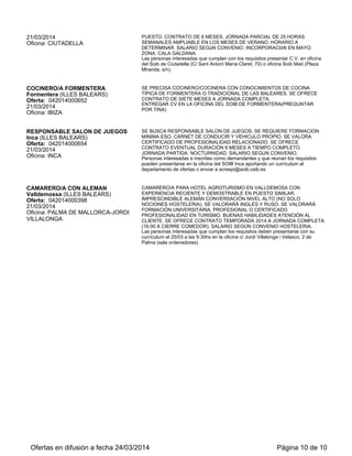 21/03/2014
Oficina: CIUTADELLA
PUESTO. CONTRATO DE 6 MESES. JORNADA PARCIAL DE 25 HORAS
SEMANALES AMPLIABLE EN LOS MESES DE VERANO. HORARIO A
DETERMINAR. SALARIO SEGúN CONVENIO. INCORPORACIóN EN MAYO.
ZONA: CALA GALDANA.
Las personas interesadas que cumplan con los requisitos presentar C.V. en oficina
del Soib de Ciutadella (C/ Sant Antoni María Claret, 70) o oficina Soib Maó (Plaza
Miranda, s/n).
COCINERO/A FORMENTERA
Formentera (ILLES BALEARS)
Oferta: 042014000652
21/03/2014
Oficina: IBIZA
SE PRECISA COCINERO/COCINERA CON CONOCIMIENTOS DE COCINA
TÍPICA DE FORMENTERA O TRADICIONAL DE LAS BALEARES. SE OFRECE
CONTRATO DE SIETE MESES A JORNADA COMPLETA.
ENTREGAR CV EN LA OFICINA DEL SOIB DE FORMENTERA(PREGUNTAR
POR TINA)
RESPONSABLE SALON DE JUEGOS
Inca (ILLES BALEARS)
Oferta: 042014000654
21/03/2014
Oficina: INCA
SE BUSCA RESPONSABLE SALON DE JUEGOS. SE REQUIERE FORMACION
MINIMA ESO. CARNET DE CONDUCIR Y VEHICULO PROPIO. SE VALORA
CERTIFICADO DE PROFESIONALIDAD RELACIONADO. SE OFRECE
CONTRATO EVENTUAL DURACION 6 MESES A TIEMPO COMPLETO.
JORNADA PARTIDA. NOCTURNIDAD. SALARIO SEGUN CONVENIO.
Personas interesadas e inscritas como demandantes y que reunan los requisitos
pueden presentarse en la oficina del SOIB Inca aportando un currículum al
departamento de ofertas o enviar a acrespi@soib.caib.es
CAMARERO/A CON ALEMAN
Valldemossa (ILLES BALEARS)
Oferta: 042014000398
21/03/2014
Oficina: PALMA DE MALLORCA-JORDI
VILLALONGA
CAMARERO/A PARA HOTEL AGROTURISMO EN VALLDEMOSA CON
EXPERIENCIA RECIENTE Y DEMOSTRABLE EN PUESTO SIMILAR.
IMPRESCINDIBLE ALEMÁN CONVERSACIÓN NIVEL ALTO (NO SOLO
NOCIONES HOSTELERIA). SE VALORARÁ INGLÉS Y RUSO. SE VALORARÁ
FORMACIÓN UNIVERSITARIA, PROFESIONAL O CERTIFICADO
PROFESIONALIDAD EN TURISMO. BUENAS HABILIDADES ATENCIÓN AL
CLIENTE. SE OFRECE CONTRATO TEMPORADA 2014 A JORNADA COMPLETA
(16:00 A CIERRE COMEDOR). SALARIO SEGÚN CONVENIO HOSTELERIA.
Las personas interesadas que cumplan los requisitos deben presentarse con su
currículum el 25/03 a las 9:30hs en la oficina c/ Jordi Villalonga i Velasco, 2 de
Palma (sala ordenadores).
Ofertas en difusión a fecha 24/03/2014 Página 10 de 10
 