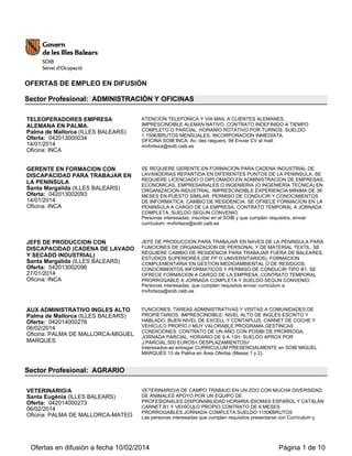 OFERTAS DE EMPLEO EN DIFUSIÓN
Sector Profesional: ADMINISTRACIÓN Y OFICINAS
TELEOPERADORES EMPRESA
ALEMANA EN PALMA.
Palma de Mallorca (ILLES BALEARS)
Oferta: 042013000034
14/01/2014
Oficina: INCA

ATENCION TELEFONICA Y VIA MAIL A CLIENTES ALEMANES.
IMPRESCINDIBLE ALEMAN NATIVO. CONTRATO INDEFINIDO A TIEMPO
COMPLETO O PARCIAL. HORARIO ROTATIVO POR TURNOS. SUELDO
1.150€/BRUTOS MENSUALES. INCORPORACION INMEDIATA.
OFICINA SOIB INCA: Av. des raiguers, 99 Enviar CV al mail:
mvforteza@soib.caib.es

GERENTE EN FORMACION CON
DISCAPACIDAD PARA TRABAJAR EN
LA PENINSULA
Santa Margalida (ILLES BALEARS)
Oferta: 042013002093
14/01/2014
Oficina: INCA

SE REQUIERE GERENTE EN FORMACION PARA CADENA INDUSTRIAL DE
LAVANDERIAS REPARTIDA EN DIFERENTES PUNTOS DE LA PENINSULA. SE
REQUIERE LICENCIADO O DIPLOMADO EN ADMINISTRACION DE EMPRESAS,
ECONOMICAS, EMPRESARIALES O INGENIERIA (O INGENIERIA TECNICA) EN
ORGANIZACION INDUSTRIAL. IMPRESCINDIBLE EXPERIENCIA MINIMA DE 36
MESES EN PUESTO SIMILAR, PERMISO DE CONDUCIR Y CONOCIMIENTOS
DE INFORMATICA. CAMBIO DE RESIDENCIA. SE OFRECE FORMACION EN LA
PENINSULA A CARGO DE LA EMPRESA, CONTRATO TEMPORAL A JORNADA
COMPLETA. SUELDO SEGUN CONVENIO.
Personas interesadas, inscritas en el SOIB y que cumplan requisitos, enviar
curriculum: mvforteza@soib.caib.es

JEFE DE PRODUCCION CON
DISCAPACIDAD (CADENA DE LAVADO
Y SECADO INDUSTRIAL)
Santa Margalida (ILLES BALEARS)
Oferta: 042013002096
27/01/2014
Oficina: INCA

JEFE DE PRODUCCION PARA TRABAJAR EN NAVES DE LA PENINSULA PARA
FUNCIONES DE ORGANIZACION DE PERSONAL Y DE MATERIAL TEXTIL. SE
REQUIERE CAMBIO DE RESIDENCIA PARA TRABAJAR FUERA DE BALEARES,
ESTUDIOS SUPERIORES (DE FP O UNIVERSITARIOS), FORMACION
COMPLEMENTARIA EN GESTION MEDIOAMBIENTAL O DE RESIDUOS;
CONOCIMIENTOS INFORMATICOS Y PERMISO DE CONDUCIR TIPO B1. SE
OFRECE FORMACION A CARGO DE LA EMPRESA, CONTRATO TEMPORAL
PRORROGABLE A JORNADA COMPLETA Y SUELDO SEGUN CONVENIO.
Personas interesadas, que cumplan requisitos enviar curriculum a:
mvforteza@soib.caib.es

AUX ADMINISTRATIVO INGLES ALTO
Palma de Mallorca (ILLES BALEARS)
Oferta: 042014000276
06/02/2014
Oficina: PALMA DE MALLORCA-MIGUEL
MARQUES

FUNCIONES: TAREAS ADMINISTRATIVAS Y VISITAS A COMUNIDADES DE
PROPIETARIOS. IMPRESCINDIBLE: NIVEL ALTO DE INGLÉS ESCRITO Y
HABLADO, BUEN NIVEL DE EXCELL Y CONTAPLUS, CARNET DE COCHE Y
VEHÍCULO PROPIO.// MUY VALORABLE PROGRAMA GESTINCAS
CONDICIONES: CONTRATO DE UN AÑO CON POSIBI DE PRORROGA,
JORNADA PARCIAL, HORARIO DE 9 A 13H, SUELDO APROX POR
J.PARCIAL:500 EUROS+ DESPLAZAMIENTOS//
Interesados-as entregar CURRICULUM PRESENCIALMENTE en SOIB MIQUEL
MARQUÈS 13 de Palma en Área Ofertas (Mesas 1 y 2).

Sector Profesional: AGRARIO
VETERINARIO/A
Santa Eugènia (ILLES BALEARS)
Oferta: 042014000273
06/02/2014
Oficina: PALMA DE MALLORCA-MATEO

VETERINARIO/A DE CAMPO TRABAJO EN UN ZOO CON MUCHA DIVERSIDAD
DE ANIMALES APOYO POR UN EQUIPO DE
PROFESIONALES.DISPONABILIDAD HORARIA.IDIOMAS ESPAÑOL Y CATALÁN
CARNET B1 Y VEHÍCULO PROPIO.CONTRATO DE 6 MESES
PRORROGABLES.JORNADA COMPLETA.SUELDO 1150€BRUTOS
Las personas interesadas que cumplan requisitos presentarse con Currículum y

Ofertas en difusión a fecha 10/02/2014

Página 1 de 10

 