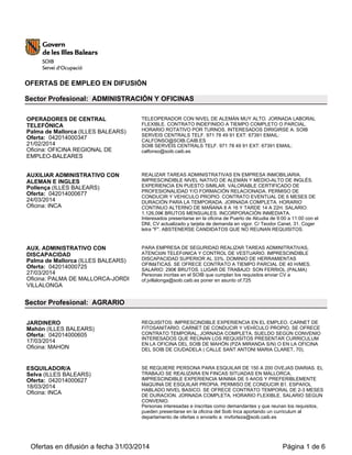 OFERTAS DE EMPLEO EN DIFUSIÓN
Sector Profesional: ADMINISTRACIÓN Y OFICINAS
OPERADORES DE CENTRAL
TELEFÓNICA
Palma de Mallorca (ILLES BALEARS)
Oferta: 042014000347
21/02/2014
Oficina: OFICINA REGIONAL DE
EMPLEO-BALEARES
TELEOPERADOR CON NIVEL DE ALEMÁN MUY ALTO. JORNADA LABORAL
FLEXIBLE. CONTRATO INDEFINIDO A TIEMPO COMPLETO O PARCIAL.
HORARIO ROTATIVO POR TURNOS. INTERESADOS DIRIGIRSE A: SOIB
SERVEIS CENTRALS TELF. 971 78 49 91 EXT: 67391 EMAIL:
CALFONSO@SOIB.CAIB.ES
SOIB SERVEIS CENTRALS TELF. 971 78 49 91 EXT: 67391 EMAIL:
calfonso@soib.caib.es
AUXILIAR ADMINISTRATIVO CON
ALEMAN E INGLES
Pollença (ILLES BALEARS)
Oferta: 042014000677
24/03/2014
Oficina: INCA
REALIZAR TAREAS ADMINISTRATIVAS EN EMPRESA INMOBILIARIA.
IMPRESCINDIBLE NIVEL NATIVO DE ALEMÁN Y MEDIO-ALTO DE INGLÉS.
EXPERIENCIA EN PUESTO SIMILAR. VALORABLE CERTIFICADO DE
PROFESIONALIDAD Y/O FORMACIÓN RELACIONADA. PERMISO DE
CONDUCIR Y VEHICULO PROPIO. CONTRATO EVENTUAL DE 6 MESES DE
DURACIÓN PARA LA TEMPORADA. JORNADA COMPLETA. HORARIO
CONTINUO ALTERNO DE MAÑANA 8 A 16 Y TARDE 14 A 22H. SALARIO:
1.126,09€ BRUTOS MENSUALES. INCORPORACIÓN INMEDIATA.
Interesados presentarse en la oficina de Puerto de Alcudia de 9:00 a 11:00 con el
DNI, CV actualizado y tarjeta de demanda en vigor. C/ Teodor Canet, 31. Coger
letra "F". ABSTENERSE CANDIDATOS QUE NO REUNAN REQUISITOS.
AUX. ADMINISTRATIVO CON
DISCAPACIDAD
Palma de Mallorca (ILLES BALEARS)
Oferta: 042014000725
27/03/2014
Oficina: PALMA DE MALLORCA-JORDI
VILLALONGA
PARA EMPRESA DE SEGURIDAD REALIZAR TAREAS ADMINITRATIVAS,
ATENCIóN TELEFóNICA Y CONTROL DE VESTUARIO. IMPRESCINDIBLE
DISCAPACIDAD SUPERIOR AL 33%. DOMINIO DE HERRAMIENTAS
OFIMáTICAS. SE OFRECE CONTRATO A TIEMPO PARCIAL DE 40 H/MES.
SALARIO: 290€ BRUTOS. LUGAR DE TRABAJO: SON FERRIOL (PALMA)
Personas incritas en el SOIB que cumplan los requisitos enviar CV a
of.jvillalonga@soib.caib.es poner en asunto of.725
Sector Profesional: AGRARIO
JARDINERO
Mahón (ILLES BALEARS)
Oferta: 042014000605
17/03/2014
Oficina: MAHON
REQUISITOS: IMPRESCINDIBLE EXPERIENCIA EN EL EMPLEO. CARNET DE
FITOSANITARIO. CARNET DE CONDUCIR Y VEHÍCULO PROPIO. SE OFRECE
CONTRATO TEMPORAL, JORNADA COMPLETA. SUELDO SEGÚN CONVENIO
INTERESADOS QUE REÚNAN LOS REQUISITOS PRESENTAR CURRICULUM
EN LA OFICINA DEL SOIB DE MAHÓN (PZA MIRANDA S/N) O EN LA OFICINA
DEL SOIB DE CIUDADELA ( CALLE SANT ANTONI MARIA CLARET, 70).
ESQUILADOR/A
Selva (ILLES BALEARS)
Oferta: 042014000627
18/03/2014
Oficina: INCA
SE REQUIERE PERSONA PARA ESQUILAR DE 150 A 200 OVEJAS DIARIAS. EL
TRABAJO SE REALIZARA EN FINCAS SITUADAS EN MALLORCA.
IMPRESCINDIBLE EXPERIENCIA MíNIMA DE 5 AñOS Y PREFERIBLEMENTE
MáQUINA DE ESQUILAR PROPIA. PERMISO DE CONDUCIR B1. ESPAñOL
HABLADO NIVEL BASICO. SE OFRECE CONTRATO TEMPORAL DE 2-3 MESES
DE DURACION. JORNADA COMPLETA, HORARIO FLEXIBLE. SALARIO SEGUN
CONVENIO.
Personas interesadas e inscritas como demandantes y que reunan los requisitos,
pueden presentarse en la oficina del Soib Inca aportando un curriculum al
departamento de ofertas o enviarlo a: mvforteza@soib.caib.es
Ofertas en difusión a fecha 31/03/2014 Página 1 de 6
 