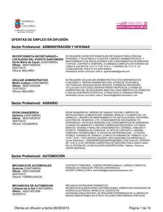 OFERTAS DE EMPLEO EN DIFUSIÓN
Sector Profesional: ADMINISTRACIÓN Y OFICINAS
DIPLOMADO/A RELACIONES
LABORALES / ADMVO/A (REFR. 2766)
Gijón (ASTURIAS)
Oferta: 032015002766
14/08/2015
Oficina: GIJON-FERMIN CANELLA
***FUNCIONES: ADMINISTRATIVAS EN DEPARTAMENTO LABORAL DE
ASESORIA A EMPRESAS. CONFECCIONAR NOMINAS PARA CLIENTES, ITS,
ALTAS Y BAJAS EN LA SEGURIDAD SOCIAL, COMUNICACIÓN DE
CONTRATOS DE TRABAJO. ***REQUISITOS: TITULACIÓN ACADÉMICA DE
TÉCNICO SUPERIOR ADMON Y FINANZAS O RELACIONES LABORALES.
EXPERIENCIA EN EL TRATAMIENTO DE DATOS LABORALES CON
APLICACIÓN CONTRAT@, SISTEMA RED, WINSUITE, SISTEMA DELTA Y
PROGRAMA DE NÓMINAS A3NOM. *** CONDICIONES: CONTRATO TEMPORAL
A JORNADA PARCIAL EN HORARIO DE MAÑANAS DE 11 A 13 HORAS.
RETRIBUCIÓN 357 EUROS/MES .
envie su curriculum profesional a: aycasturias@aycasturias.com
Sector Profesional: AUTOMOCIÓN
PINTOR DE COCHES (REF: 2548)
Gozón (ASTURIAS)
Oferta: 032015002548
29/07/2015
Oficina: AVILÉS-EL MUELLE
TAREAS: PINTAR VEHÍCULOS AUTOMÓVILES EN EL TALLER DE LA
EMPRESA, REPARARLOS, LIJARLOS, USAR LA CABINA DE PINTURA.-----
IMPRESCINDIBLE AMPLIA EXPERIENCIA DEMOSTRABLE COMO OFICIAL DE
PRIMERA O DE SEGUNDA EN LA PROFESIÓN.----- CONTRATO TEMPORAL (
CON PERIODO DE PRUEBA). POSIBLE CONTINUIDAD POSTERIOR. JORNADA
COMPLETA. HORARIO PARTIDO- DESCANSO PARA COMER-. SALARIO
SEGÚN EL CONVENIO DE AUTOMOCIÓN.
INTERESADOS/AS PRESENTENSE EN : CARROCERÍAS M.A.G. - CALLE
ZELUAN 17- GOZÓN. COCIERTEN ENTREVISTA EN EL TELÉF. 985547775
(PREGUNTEN POR MANUEL ÁNGEL)
TÉCNICO/A EN ELECTROMECÁNICA DE
VEHÍCULOS (REF: 2554)
Gijón (ASTURIAS)
Oferta: 032015002554
30/07/2015
Oficina: AVILÉS-EL MUELLE
RECIBIR A LOS CLIENTES. VALORAR LAS ANOMALÍAS ELECTROMECÁNICAS
DE LOS VEHÍCULOS. CAMBIAR LOS NEUMÁTICOS DE TURISMOS Y
CAMIONES. REALIZAR OPERACIONES DE MECÁNICA RÁPIDA.----- SE
REQUIERE: ESTUDIOS DE TÉCNICO MEDIO O SUPERIOR EN
ELECTROMECÁNICA. EXPERIENCIA DE TRABAJOS EN TALLER DE FORMA
AUTÓNOMA CUMPLIENDO LAS NORMAS DE CALIDAD, SEGURIDAD Y MEDIO
AMBIENTE.----- CONTRATO INDEFINIDO. JORNADA COMPLETA. HORARIO
PARTIDO ( DESCANSO AL MEDIODÍA). CONVENIO DE TALLER DE
REPARACIÓN DE AUTOMÓVILES.----
LAS PERSONAS INTERESADAS ENVIEN SU CURRÍCULUM VITAE A :
paula.rivero@baldajos.com
MECÁNICO/A DE AUTOMOCIÓN. (REF.
2660)
Oviedo (ASTURIAS)
Oferta: 032015002660
07/08/2015
Oficina: OVIEDO-ZUBILLAGA
FUNCIONES: DETECTAR LOS DAÑOS O AVERÍAS EN AUTOMÓVILES.
REPARAR LAS AVERIAS DETECTADAS. CAMBIAR O AJUSTAR LAS PIE ZAS
QUE LO PRECISEN. REALIZAR EL MANTENIMIENTO Y PUESTA A PUNTO
PERIÓDICA DE F LOTAS. REQUISITOS: EXPERIENCIA MÍNIMA DE DOS AÑOS
COMO OFICIAL DE PRIMERA EN PUESTO SIMILAR. SE VALORARÁ
TITULACIÓN DE TÉCNICO, TÉCNICO SUPERIOR O CERTIFICADO DE
PROFESIONALIDAD EN LA RAMA DE AUTOMOCIÓN. CONDICIONES
LABORALES: CONTRATO TEMPORAL CON POSTERIOR CONVERSIÓN EN
INDEFINIDO. JORNADA COMPLETA. SALARIO: 1750 EUROS BRUTOS
MENSUALES.
Las personas interesadas y que reúnan los requisitos exigidos deberán enviar
Curriculum Vitae a la siguiente dirección de correo electrónico:
Ofertas en difusión a fecha 16/08/2015 Página 1 de 29
 