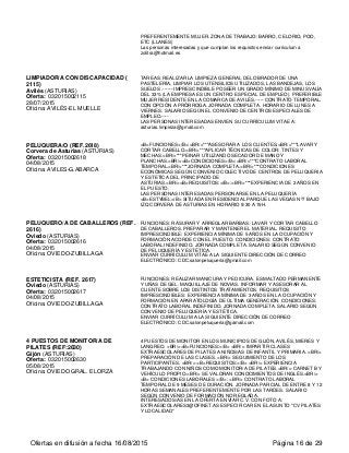 PREFERENTEMENTE MUJER. ZONA DE TRABAJO: BARRO, CELORIO, POO,
ETC (LLANES)
Las personas interesadas y que cumplan los requisitos enviar curriculum a
zolitra@hotmail.es
LIMPIADOR/A CON DISCAPACIDAD (
2115)
Avilés (ASTURIAS)
Oferta: 032015002115
28/07/2015
Oficina: AVILÉS-EL MUELLE
TAREAS: REALIZAR LA LIMPIEZA GENERAL DEL OBRADOR DE UNA
PASTELERÍA, LIMPIAR LOS UTENSILIOS UTILIZADOS, LAS BANDEJAS, LOS
SUELOS .------ IMPRESCINDIBLE POSEER UN GRADO MÍNIMO DE MINUSVALÍA
DEL 33% (LA EMPRESA ES UN CENTRO ESPECIAL DE EMPLEO). PREFERIBLE
MUJER RESIDENTE EN LA COMARCA DE AVILÉS.----- CONTRATO TEMPORAL.
CON OPCIÓN A PRÓRROGA. JORNADA COMPLETA. HORARIO DE LUNES A
VIERNES. SALARIO SEGÚN EL CONVENIO DE CENTROS ESPECIALES DE
EMPLEO.----
LAS PERSONAS INTERESADAS ENVIEN SU CURRÍCULUM VITAE A:
asturias.limpieza@gmail.com
PELUQUERA/O (REF.2618)
Corvera de Asturias (ASTURIAS)
Oferta: 032015002618
04/08/2015
Oficina: AVILES-G.ABARCA
<B>FUNCIONES</B>:<BR/>***ASESORAR A LOS CLIENTES.<BR/>***LAVAR Y
CORTAR CABELLO.<BR/>***APLICAR TÉCNICAS DE COLOR: TINTES Y
MECHAS.<BR/>***PEINAR UTILIZANDO SECADOR DE MANO Y
PLANCHAS.<BR/><B>CONDICIONES</B>:<BR/>***CONTRATO LABORAL
TEMPORAL.<BR/>***JORNADA COMPLETA.<BR/>***CONDICIONES
ECONÓMICAS SEGÚN CONVENIO COLECTIVO DE CENTROS DE PELUQUERIA
Y ESTETICA DEL PRINCIPADO DE
ASTURIAS.<BR/><B>REQUISITOS:</B>:<BR/>***EXPERIENCIA DE 2 AÑOS EN
EL PUESTO.
LAS PERSONAS INTERESADAS PERSONARSE EN LA PELUQUERÍA
<B>ESTYBEL</B> SITUADA EN RESIDENCIAL PARQUE LAS VEGAS Nº7 BAJO
IZQ CORVERA DE ASTURIAS EN HORARIO 9:30 A 19H.
PELUQUERO/A DE CABALLEROS (REF.
2616)
Oviedo (ASTURIAS)
Oferta: 032015002616
04/08/2015
Oficina: OVIEDO-ZUBILLAGA
FUNCIONES: RASURAR Y ARREGLAR BARBAS. LAVAR Y CORTAR CABELLO
DE CABALLEROS. PREPARAR Y MANTENER EL MATERIAL. REQUISITO
IMPRESCINDIBLE: EXPERIENCIA MÍNIMA DE 5 AÑOS EN LA OCUPACIÓN Y
FORMACIÓN ACORDE CON EL PUESTO. CONDICIONES: CONTRATO
LABORAL INDEFINIDO. JORNADA COMPLETA. SALARIO SEGÚN CONVENIO
DE PELUQUERÍA Y ESTÉTICA.
ENVIAR CURRÍCULUM VITAE A LA SIGUIENTE DIRECCIÓN DE CORREO
ELECTRÓNICO: CDC.salonpeluqueria@gmail.com
ESTETICISTA (REF. 2617)
Oviedo (ASTURIAS)
Oferta: 032015002617
04/08/2015
Oficina: OVIEDO-ZUBILLAGA
FUNCIONES: REALIZAR MANICURA Y PEDICURA. ESMALTADO PERMANENTE
Y UÑAS DE GEL. MAQUILLAJE DE NOVIAS. INFORMAR Y ASESORAR AL
CLIENTE SOBRE LOS DISTINTOS TRATAMIENTOS. REQUISITOS
IMPRESCINDIBLES: EXPERIENCIA MÍNIMA DE 3 AÑOS EN LA OCUPACIÓN Y
FORMACIÓN EN APARATOLOGÍA DE ÚLTIMA GENERACIÓN. CONDICIONES:
CONTRATO LABORAL INDEFINIDO. JORNADA COMPLETA. SALARIO SEGÚN
CONVENIO DE PELUQUERÍA Y ESTÉTICA.
ENVIAR CURRÍCULUM A LA SIGUIENTE DIRECCIÓN DE CORREO
ELECTRÓNICO: CDC.salonpeluqueria@gamail.com
4 PUESTOS DE MONITOR/A DE
PILATES (REF:2630)
Gijón (ASTURIAS)
Oferta: 032015002630
05/08/2015
Oficina: OVIEDO GRAL. ELORZA
4 PUESTOS DE MONITOR EN LOS MUNICIPIOS DE GIJÓN, AVILÉS, MIERES Y
LANGREO. <BR/><B>FUNCIONES:</B> <BR/> IMPARTIR CLASES
EXTRAESCOLARES DE PILATES A NIÑOS/AS DE INFANTIL Y PRIMARIA. <BR/>
PREPARACIÓN DE LAS CLASES. <BR/> SEGUIMIENTO DE LOS
PARTICIPANTES. <BR/> <B>REQUISITOS:</B> <BR/> EXPERIENCIA
TRABAJANDO CON NIÑOS COMO MONITOR/A DE PILATES.<BR/> CARNET B Y
VEHÍCULO PROPIO.<BR/> SE VALORAN CONOCIMIENTOS DE INGLÉS.<BR/>
<B> CONDICIONES LABORALES </B>: <BR/> CONTRATO LABORAL
TEMPORAL DE 9 MESES DE DURACIÓN. JORNADA PARCIAL DE ENTRE 8 Y 12
HORAS SEMANALES PREFERENTEMENTE POR LAS TARDES. SALARIO
SEGÚN CONVENIO DE FORMACIÓN NO REGLADA.
INTERESADOS/AS EN LA OFERTA ENVIAR C.V. CON FOTO A:
EXTRAESCOLARES3@OFINET.AS ESPECIFICAR EN EL ASUNTO "CV PILATES
Y LOCALIDAD"
Ofertas en difusión a fecha 16/08/2015 Página 16 de 29
 