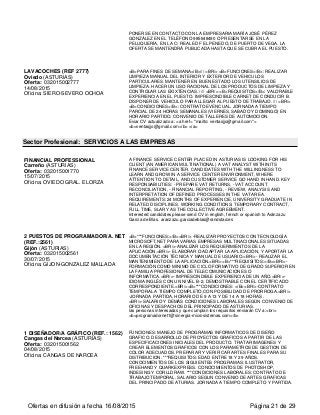 PONERSE EN CONTACTO CON LA EMPRESARIA MARÍA JOSÉ PÉREZ
GONZÁLEZ EN EL TELÉFONO 985648490 O PRESENTARSE EN LA
PELUQUERÍA, EN LA C/ REAL EDF EL PENEDO, DE PUERTO DE VEGA. LA
OFERTA SE MANTENDRÁ PUBLICADA HASTA QUE SE CUBRA EL PUESTO.
LAVACOCHES (REF 2777)
Oviedo (ASTURIAS)
Oferta: 032015002777
14/08/2015
Oficina: SIERO-SEVERO OCHOA
<B>PARA FINES DE SEMANA</B>/// <BR/> <B>FUNCIONES</B>: REALIZAR
LIMPIEZA MANUAL DEL INTERIOR Y EXTERIOR DE VEHICULOS
PARTICULARES. MANTENER EN BUEN ESTADO LOS UTENSILIOS DE
LIMPIEZA. HACER UN USO RACIONAL DE LOS PRODUCTOS DE LIMPIEZA Y
CONTROLAR LAS EXIXTENCIAS. //// <BR/> <B>REQUISITOS</B>: VALORABLE
EXPERIENCIA EN EL PUESTO. IMPRESCINDIBLE CARNET DE CONDUCIR B.
DISPONER DE VEHICULO PARA LLEGAR AL PUESTO DE TRABAJO. /// <BR/>
<B>CONDICIONES</B>: CONTRATO EVENCUAL. JORNADA A TIEMPO
PARCIAL DE 24 HORAS SEMANALES (VIERNES, SABADO Y DOMINGO) EN
HORARIO PARTIDO. CONVENIO DE TALLERES DE AUTOMOCION.
Eviar CV actualizado a: <a href= "mailto: ventasjjo@gmail.com">
<b>ventasjjo@gmail.com</b> </a>
Sector Profesional: SERVICIOS A LAS EMPRESAS
FINANCIAL PROFESSIONAL
Carreño (ASTURIAS)
Oferta: 032015001770
15/07/2015
Oficina: OVIEDO GRAL. ELORZA
A FINANCE SERVICE CENTER PLACED IN ASTURIAS IS LOOKING FOR HIS
CLIENT (AN AMERICAN MULTINATIONAL) A VAT ANALYST WITHIN ITS
FINANCE SERVICE CENTER. CANDIDATES WITH THE WILLINGNESS TO
LEARN AND GROW IN A SERVICE CENTER ENVIRONMENT, WHERE
ATTENTION TO DETAIL, AND CUSTOMER SERVICE GO HAND IN HAND. KEY
RESPONSABILITIES: - PREPARE VAT RETURNS, - VAT ACCOUNT
RECONCILIATION, - FINANCIAL REPORTING, - REVIEW, ANALYSIS AND
INTERPRETATION OF DEFINED PROCESSES IN THE VAT AREA.
REQUIREMENTS: 24 MONTHS OF EXPERIENCIE, UNIVERSITY GRADUATE IN
RELATED DISCIPLINES. WORKING CONDITIONS: TEMPORARY CONTRACT,
FULL TIME, SLARY AS THE COLLECTIVE AGREEMENT.
Interested candidates please send CV in english, french or spanish to Aránzazu
García de Blas. aranzazu.garciadeblas@randstad.es
2 PUESTOS DE PROGRAMADOR/A. NET
(REF.:2561)
Gijón (ASTURIAS)
Oferta: 032015002561
30/07/2015
Oficina: GIJON-GONZALEZ MALLADA
<B>***FUNCIONES:</B><BR/> -REALIZAR PROYECTOS CON TECNOLOGÍA
MICROSOFT.NET PARA VARIAS EMPRESAS MULTINACIONALES SITUADAS
EN LA REGIÓN. <BR/>-ANALIZAR LOS REQUERIMIENTOS DE LA
APLICACIÓN.<BR/>- ELABORAR O ADAPTAR LA APLICACIÓN, Y APORTAR LA
DOCUMENTACIÓN TÉCNICA Y MANUAL DE USUARIO.<BR/>- REALIZAR EL
MANTENIMIENTO DE LA APLICACIÓN.<BR/><B>***REQUISITOS:</B><BR/>-
FORMACIÓN COMO MINIMO DE CICLO FORMATIVO DE GRADO SUPERIOR EN
LA FAMILIA PROFESIONAL DE TELECOMUNICACIONES O
INFORMATICA.<BR/>- IMPRESCINDIBLE EXPERIENCIA DE UN AÑO.<BR/>-
IDIOMA INGLÉS CON UN NIVEL B-2, DEMOSTRABLE CON EL CERTIFICADO
CORRESPONDIENTE.<BR/><B>***CONDICIONES: </B><BR/>-CONTRATO
TEMPORAL A TIEMPO COMPLETO,CON POSIBILIDAD DE PRORROGA.<BR/>
-JORNADA PARTIDA, HORARIO DE 9 A 13 Y DE 14 A 18 HORAS .
<BR/>-SALARIO Y DEMÁS CONDICIONES LABORALES SEGÚN CONVENIO DE
OFICINAS Y DESPACHOS DEL PRINCIPADO DE ASTURIAS.
las personas interesadas y que cumplan los requisitos enviarán CV a:<br/>
<b>programadornet1@sinergia-microsistemas.com</b>
1 DISEÑADOR/A GRÁFICO (REF.: 1562)
Cangas del Narcea (ASTURIAS)
Oferta: 032015001562
04/08/2015
Oficina: CANGAS DE NARCEA
FUNCIONES: MANEJO DE PROGRAMAS INFORMATICOS DE DISEÑO
GRAFICO. DESARROLLO DE PROYECTOS GRAFICOS A PARTIR DE LAS
ESPECIFICACIONES INICIALES DEL PRODUCTO. TRATAR IMAGENES Y
CREAR ELEMENTOS GRAFICOS CON LOS PARAMETROS DE GESTION DE
COLOR ADECUADOS. PREPARAR Y VERIFICAR ARTES FINALES PARA SU
DISTRIBUCION. ***REQUISITOS: EDAD ENTRE 18 Y 29 AÑOS.
CONOCIMIENTOS DE LOS SIGUIENTES PROGRAMAS: ILUSTRATOR,
FREEHAND Y QUARKEXPRESS. CONOCIMIENTOS DE PHOTOSHOP,
INDESING Y CORLLDRAW. ***CONDICIONES LABORALES: CONTRATO DE
TRABAJO TEMPORAL. SALARIO SEGUN CONVENIO DE ARTES GRAFICAS
DEL PRINCIPADO DE ATURIAS. JORNADA A TIEMPO COMPLETO Y PARTIDA.
Ofertas en difusión a fecha 16/08/2015 Página 21 de 29
 