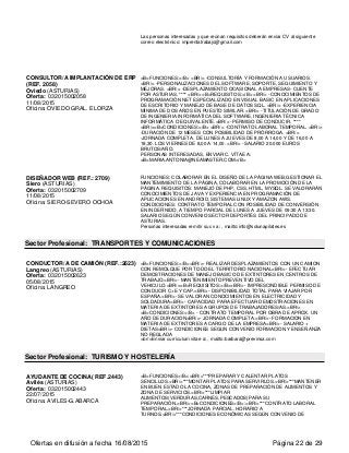 Las personas interesadas y que reúnan requisitos deberán enviar CV al siguiente
correo electrónico: imprentatrabajo@gmail.com
CONSULTOR/A IMPLANTACIÓN DE ERP
(REF. 2058)
Oviedo (ASTURIAS)
Oferta: 032015002058
11/08/2015
Oficina: OVIEDO GRAL. ELORZA
<B>FUNCIONES:</B> <BR/> -CONSULTORÍA Y FORMACIÓN A USUARIOS.
<BR/> -PERSONALIZACIONES DEL SOFTWARE, SOPORTE, SEGUIMIENTO Y
MEJORAS. <BR/> -DESPLAZAMIENTO OCASIONAL A EMPRESAS- CLIENTE
POR ASTURIAS. **** <BR/><B>REQUISITOS:</B> <BR/> -CONOCIMIENTOS DE
PROGRAMACIÓN NET ESPECIALIZADO EN VISUAL BASIC EN APLICACIONES
DE ESCRITORIO Y MANEJO DE BASE DE DATOS SQL. <BR/> -EXPERIENCIA
MÍNIMA DE DOS AÑOS EN PUESTO SIMILAR. <BR/> -TITULACIÓN DE GRADO
DE INGENIERIA INFORMÁTICA DEL SOFTWARE, INGENIERIA TÉCNICA
INFORMÁTICA O EQUIVALENTE.<BR/> -PERMISO DE CONDUCIR. ****
<BR/><B>CONDICIONES:</B> <BR/> -CONTRATO LABORAL TEMPORAL. <BR/>
-DURACIÓN DE 12 MESES CON POSIBILIDAD DE PRÓRROGA. <BR/>
-JORNADA COMPLETA. DE LUNES A JUEVES DE 8,00 A 14,00 Y DE 16,00 A
18,30. LOS VIERNES DE 8,00 A 14,00. <BR/> -SALARIO 20.000 EUROS
BRUTOS/AÑO.
PERSONAS INTERESADAS, ENVIAR C. VÍTAE A:
<B>MARIA.ANTONIA@NEAMASTER.COM</B>
DISEÑADOR WEB (REF.: 2709)
Siero (ASTURIAS)
Oferta: 032015002709
11/08/2015
Oficina: SIERO-SEVERO OCHOA
FUNCIONES: COLABORAR EN EL DISEÑO DE LA PÁGINA WEB,GESTIONAR EL
MANTEMIMIENTO DE LA PÁGINA, COLABORAR EN LA PROMOCIÓN DE LA
PÁGINA. REQUISITOS: MANEJO DE PHP, CSS, HTML, MYSQL. SE VALORARÁN
CONOCIMIENTOS DE JAVA Y EXPERIENCIA EN PROGRAMACIÓN DE
APLICACIONES EN ANDROID, SISTEMAS LINUX Y AMAZON AWS.
CONDICIONES: CONTRATO TEMPORAL CON POSIBILIDAD DE CONVERSIÓN
EN INDEFINIDO, A TIEMPO PARCIAL DE LUNES A JUEVES DE 09:30 A 13:30.
SALARIO SEGÚN CONVENIO SECTOR DEPORTES DEL PRINCIPADO DE
ASTURIAS.
Personas interesadas remitir su cv a: , mailto:info@solunapilates.es
Sector Profesional: TRANSPORTES Y COMUNICACIONES
CONDUCTOR/A DE CAMIÓN (REF.:2623)
Langreo (ASTURIAS)
Oferta: 032015002623
05/08/2015
Oficina: LANGREO
<B>FUNCIONES:</B><BR/>- REALIZAR DESPLAZAMIENTOS CON UN CAMION
CON REMOLQUE POR TODO EL TERRITORIO NACIONAL<BR/>- EFECTUAR
DEMOSTRACIONES DE MANEJO BASICO DE EXTINTORES EN CENTROS DE
TRABAJO.<BR/>- MANTENIMIENTO PREVENTIVO DEL
VEHICULO.<BR/><B>REQUISITOS:</B><BR/>- IMPRESCINDIBLE PERMISO DE
CONDUCIR C+E Y CAP.<BR/>- DISPONIBILIDAD TOTAL PARA VIAJAR POR
ESPAÑA.<BR/>- SE VALORAN CONOCIMIENTOS EN ELECTRICIDAD Y
SOLDADURA<BR/>- CAPACIDAD PARA EFECTUAR DEMOSTRACIONES EN
MATERIA DE EXTINTORES A GRUPOS DE TRABAJADORES/AS.<BR/>
<B>CONDICIONES:</B> - CONTRATO TEMPORAL POR OBRA DE APROX. UN
AÑO DE DURACION<BR/>- JORNADA COMPLETA.<BR/>- FORMACION EN
MATERIA DE EXTINTORES A CARGO DE LA EMPRESA<BR/>- SALARIO +
DIETAS<BR/>- CONDICIONES SEGUN CONVENIO FORMACION Y ENSEÑANZA
NO REGLADA
<br/>Enviar currículum vitae a: , mailto:barbara@previnsa.com
Sector Profesional: TURISMO Y HOSTELERÍA
AYUDANTE DE COCINA( REF.2443)
Avilés (ASTURIAS)
Oferta: 032015002443
22/07/2015
Oficina: AVILES-G.ABARCA
<B>FUNCIONES</B>:<BR/>***PREPARAR Y CALENTAR PLATOS
SENCILLOS.<BR/>***MONTAR PLATOS PARA SERVIRLOS.<BR/>***MANTENER
EN BUEN ESTADO LA COCINA, ZONAS DE PREPARACIÓN DE ALIMENTOS Y
ZONA DE SERVICIOS.<BR/>***LIMPIAR
ALIMENTOS(VERDURAS,CARNES,PESCADOS)PARA SU
PREPARACIÓN.<BR/><B>CONDICIONES</B>:<BR/>***CONTRATO LABORAL
TEMPORAL.<BR/>***JORNADA PARCIAL. HORARIO A
TURNOS.<BR/>***CONDICIONES ECONÓMICAS SEGÚN CONVENIO DE
Ofertas en difusión a fecha 16/08/2015 Página 22 de 29
 