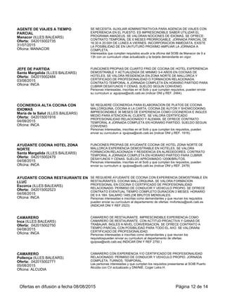 AYTE. CAMARERA/O
Llucmajor (ILLES BALEARS)
Oferta: 042015002895
03/09/2015
Oficina: PALMA DE MALLORCA-MATEO
ENRIQUE LLADÓ
SERVICIO EN ALREDEDORES DE PISCINA. EXPERIENCIA DEMOSTRABLE.
IMPRECINDIBLE TÍTULO DE SOCORRISTA DE PISCINA. CONTRATO DE DOS
MESES PRORROGABLE. JORNADA COMPLETA. SUELDO 1505,67
Las personas interesadas presentarse en SOIB c/ Mateu Enric Lladó nº 21, Palma,
piso 1º drcha. Preguntar por Cati. Aportar curriculum
COCINERO/A
Palma de Mallorca (ILLES BALEARS)
Oferta: 042015003129
03/09/2015
Oficina: PALMA DE MALLORCA-MIGUEL
MARQUES
EXPERIENCIA MÍNIMA DE 3 AÑOS COMO COCINERO/A. MUY VALORABLE
EXPERIENCIA EN COCINA MEXICANA.// CONDICIONES; PALMA, CONTRATO
DE 3 MESES, JORNADA DE 30H/SEMANALES, SALARIO S/C.
Interesados-as entregar CURRICULUM PRESENCIALMENTE en SOIB MIQUEL
MARQUÈS, 13 de Palma.
AYTE DE CAMARERO/A
Alcúdia (ILLES BALEARS)
Oferta: 042015003130
04/09/2015
Oficina: ALCUDIA
SERVIR, RECOGER, EN RESTAURANTE BUFFET, BAR Y TERRAZA DE UN
HOTEL TODO INCLUIDO. RESISTENCIA FISICA PARA TRABAJAR BAJO
PRESION. EXPERIENCIA 6 MESES. INGLES BASICO. CONTRATO HASTA 31 DE
OCTUBRE A JORNADA COMPLETA Y PARTIDA. 1.287,17 EUROS BRUTOS
MENSUALES. POSIBILIDADES DE CONTINUAR PROXIMA TEMPORADA.
Personas interesadas inscritas en el SOIB pasen por SOIB PTO de ALCUDIA de 9 a
14 con DNI y CV.
CAMARERO/A
Ciutadella de Menorca (ILLES BALEARS)
Oferta: 042015003133
04/09/2015
Oficina: CIUTADELLA
CAMARERO DE BAR IMPRESCINDIBLE EXPERIENCIA CONTRATO TEMPORAL
PRORROGABLE. MEDIA JORNADA. DISPONIBILIDAD HORARIA. SALARIO
SEGÚN CONVENIO. ZONA CIUTADELLA
LAS PERSONAS INTERESADAS QUE CUMPLAN CON LOS REQUISITOS
PRESENTAR C.V. EN OFICINA SOIB CIUTADELLA (C/ SANT ANTONI MARIA
CLARET, 70) O OFICINA SOIB MAÓ (PLAZA MIRANDA, S/N)
COCINERO
Búger (ILLES BALEARS)
Oferta: 042015003076
04/09/2015
Oficina: INCA
SE BUSCA COCINERO/A DE COCINA MALLORQUINA, PLANCHA Y FRITURAS.
SE REQUIERE PERSONA AGIL Y RAPIDO A LA HORA DE TRABAJAR, QUE
HABLE CATALAN Y CASTELLANO Y QUE RESIDA EN LA ZONA. SE OFRECE
JORNADA COMPLETA, TRES MESES PRORROGABLE.
Personas interesadas e inscritas como demandantes y que reunan los requisitos
pueden enviar su currículum al departamento de ofertas: mvforteza@soib.caib.es
(INDICAR DNI Y REF 3076 )
PINCHE DE COCINA
Mahón (ILLES BALEARS)
Oferta: 042015003135
04/09/2015
Oficina: MAHON
SE REQUIERE: EXPERIENCIA DEMOSTRABLE EN EL EMPLEO. SE OFRECE:
CONTRATO DE 1 MES CON POSIBILIDAD DE CONTRATACIÓN INDEFINIDA;
JORNADA SEMANAL DE 20H. (HORARIO DE 20H. A 24H.); INCORPORACIÓN EL
10/09/2015.
LAS PERSONAS INTERESADAS QUE CUMPLAN CON LOS REQUISITOS,
PRESENTAR CURRICULUM VITAE EN OFICINA SOIB MAÓ Ó EN OFICINA SOIB
CIUTADELLA.
RESPONSABLE DE SALA / MAITRE
Palma de Mallorca (ILLES BALEARS)
Oferta: 042015002993
04/09/2015
Oficina: PALMA DE MALLORCA-JORDI
VILLALONGA
OFERTA DE MAITRE-RESPONSABLE DE SALA. SE PRECISAN ESTUDIOS
UNIVERSITARIOS EN TURISMO O ESCUELA DE HOSTELERIA. EXPERIENCIA
EN PUESTO SIMILAR MíNIMO 24 MESES.FUNCIONES DE PLANIFICACIóN Y
ORGANIZACIóN DEL SERVICIO, ORGANIZAR Y APLICAR PLAN DE
MANTENIMIENTO, Y ORGANIZAR Y SUPERVISAR BANQUETES. GESTIóN DE
PERSONAL. HORARIO DE MEDIODíA Y ALGUNAS NOCHES. DE LUNES A
SáBADO. CONTRATO DE 4 MESES PRORROGABLE. SUELDO ENTRE 15.000 €
Y 18.000 €. JORNADA COMPLETA. PALMA.
Interesados que cumplan los requisitos, presentarse en SOIB, c/ Jordi Villalonga
Velasco,2, Palma, el dia 7/9/15 a las 9.30h. Sala ofertas. Aportar Cv.
CAMARERO/A PARA RESTAURANTE
EN PORTO CRISTO
SE NECESITA: CAMARERO/A PROFESIONAL CON EXPERIENCIA
DEMOSTRABLE EN EL SERVICIO DE BAR-RESTAURANTE. ACTITUD ACTIVA Y
Ofertas en difusión a fecha 06/09/2015 Página 12 de 13
 