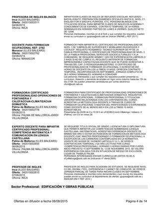 Manacor (ILLES BALEARS)
Oferta: 042015003138
05/09/2015
Oficina: MANACOR
RACIONAL HABILITADO POR EL MINISTERIO DE FOMENTO. ADEMAS TIENE
QUE DISPONER DE CAPACITACION DOCENTE PARA IMPARTIR EL CURSO
(CAP, MAGISTERIO/PEDAGOGIA, CP3 FORMADOR OCUPACIONAL) O EN SU
DEFECTO 4 AÑOS DE EXPERIENCIA PROFESIONAL DEMOSTRABLE. SE
OFRECE: CONTRATO TEMPORAL DE 60 HORAS (5 HORAS DIARIAS EN
TURNO DE MAÑANA). INCORPORACION 1/10/2015.
Interesados que cumplan requisitos acudir a la oficina del SOIB de Manacor con
toda la documentacion que acredite la formacion y/o experiencia detallada en esta
oferta asi como el curriculum vitae y la tarjeta demandante en vigor.
Sector Profesional: EDIFICACIÓN Y OBRAS PÚBLICAS
TÉCNICO EN MANTENIMIENTO -
MERCADONA
Ciutadella de Menorca (ILLES BALEARS)
Oferta: 042014002190
06/10/2014
Oficina: CIUTADELLA
LAS FUNCIONES PROPIAS DE UN TÉCNICO DE MANTENIMIENTO EN UN
SUPERMERCADO. IMPRESCINDIBLE TITULACIÓN MÍNIMA CICLO FORMATIVO
EN ELECTRICIDAD O ELECTRÓNICA. CONTRATO TEMPORAL
PRORROGABLE. JORNADA COMPLETA. HORARIO A DETERMINAR. SALARIO
SEGÚN CONVENIO. ZONA CIUTADELLA.
LAS PERSONAS INTERESADAS QUE CUMPLAN CON LOS REQUISITOS
PRESENTAR C.V. EN OFICINA SOIB CIUTADELLA (C/ SANT ANTONI MARIA
CLARET, 70) O OFICINA SOIB MAÓ (PLAZA MIRANDA, S/N)
FONTANERO OFICIAL 1ª
Muro (ILLES BALEARS)
Oferta: 042015003016
26/08/2015
Oficina: INCA
SE REQUIERE FONTANERO OFICIAL 1ª PARA INSTALACIONES EN OBRA CON
FORMACION PROFESIONAL O CERTIFICADO PROFESIONALIDAD
RELACIONADO, EXPERIENCIA DEMOSTRABLE Y CURSOS DE PREVENCION
DE 8 Y 20 HORAS. SE OFRECE CONTRATO TEMPORAL A JORNADA
COMPLETA EN HORARIO DE 8-16 HORAS. SALARIO SENGUN CONVENIO.
Personas interesadas, inscritas en el Soib y que cumplan requisitos, pueden enviar
su curriculum a: mvforteza@soib.caib.es (indicar DNI y REF. 3016)
MARMOLISTA
Marratxí (ILLES BALEARS)
Oferta: 042015002545
27/08/2015
Oficina: PALMA DE MALLORCA-JORDI
VILLALONGA
MARMOLISTA , OFICIAL 1ª CON EXPERIENCIA DEMOSTRABLE.
IMPRESCINDIBLE CURSO DE PRL. CARNET DE CONDUCIR B1. LUGAR DE
TRABAJO MARRATXI EN HORARIO DE 7 A 15 H
Presentarse con CV dia 17/09 de 9 a 10:30 H para entrevista en of SOIB C/Jordi
Villalonga i Velasco, 2 en mesa 28 con CV
TEC.MANT.LEGIONELLOSIS
Sant Josep de sa Talaia (ILLES
BALEARS)
Oferta: 042015003124
03/09/2015
Oficina: SANT ANTONI DE PORTMANY
CARNET DE BIOCIDAS Y CERTIFICADO TÉCNICO LEGIONELLOSIS
CONTRATO INDEFINIDO
INTERESADOS ACUDAN A LA OFICINA SOIB SANT ANTONI CON DNI/NIE
DEMANDA DE EMPLEO Y CURRICULUM ACREDITADO.
INSTALADOR AIRE
ACONDICIONADO/AISLAMIENTO
TUBERIAS EN CLIMATIZACIN
Manacor (ILLES BALEARS)
Oferta: 042015003140
05/09/2015
Oficina: MANACOR
SE NECESITA: INSTALADOR DE AIRE ACONDICIONADO Y/O INSTALADOR DE
AISLAMIENTO DE TUBERIAS EN CLIMATIZACION. IMPRESCINDIBLE
EXPERIENCIA MINIMA DE 6 MESES A NIVEL DE OFICIAL (1º,2º O 3º).
DISPONER DE CURSO DE FORMACION EN PREVENCION DE 8 Y 20H. SE
OFRECE: CONTRATO TEMPORAL CON POSIBILIDAD DE PRORROGA.
JORNADA COMPLETA. HORARIO PARTIDO DE 8 A 14H Y DE 15 A 17H.
SALARIO BRUTO APROX.SEGUN CONVENIO (SEGUN NIVEL PROFESIONAL
VARIA DE 1300 A 1700€). INCORPORACION A MEDIADOS DE SEPTIEMBRE.
Interesados que cumplan requisitos acudir a la oficina del SOIB de Manacor de 9 a
13h con un curriculum vitae actualizado y la tarjeta demandante en vigor.
Sector Profesional: INDUSTRIA PESADA Y CONSTRUCCIONES METÁLICAS
SOLDADOR MAQUINARIA PESADA
Maria de la Salut (ILLES BALEARS)
SE REQUIERE SOLDADOR CON EXPERIENCIA DEMOSTRABLE.
CONOCIMIENTOS SOLDADURA MAQUINARIA PESADA, CAMIONES,
Ofertas en difusión a fecha 06/09/2015 Página 4 de 13
 