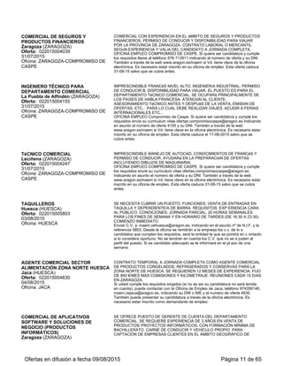 VENDEDORES TÉCNICOS PRODUCTOS
DE TELECOMUNICACIONES
Cuarte de Huerva (ZARAGOZA)
Oferta: 022015006536
03/09/2015
Oficina: ZARAGOZA-RANILLAS
CON 2 AÑOS DE EXPERIENCIA EN VENTAS. CON FORMACIÓN PROFESIONAL
DE GRADO MEDIO O GRADO SUPERIOR EN RAMA ADMINISTRATIVA O
ELECTRÓNICA DE TELECOMUNICACIONES. PREFERENTEMENTE CON
INGLÉS NIVEL MEDIO. PUESTO EN CUARTE DE HUERVA. LAS LIMITACIONES
EN CUANTO AL TIEMPO DE PERMANENCIA EN DESEMPLEO O LA EDAD DE
LOS CANDIDATOS ESTÁN REGULADAS POR LA NORMATIVA DE
CONTRATACIÓN ACOGIDA A MEDIDAS DE FOMENTO DE EMPLEO. ANTES DE
SOLICITAR PARTICIPAR EN ESTA OFERTA, ASEGÚRESE DE QUE LOS DATOS
CODIFICADOS EN SU DEMANDA DE EMPLEO COINCIDAN CON LOS
REQUISITOS DEL PERFIL DE ESTE PUESTO. SÓLO SE TENDRÁN EN CUENTA
LAS CANDIDATURAS QUE SE AJUSTEN AL PERFIL QUE BUSCA LA EMPRESA.
INAEM ESPACIO EMPRESAS, si quiere ser candidato/a y cumple los requisitos
llame al teléfono 976716219 de 9 a 14 horas indicando el número de oferta y su
DNI. También a través de la web www.aragon.es/inaem si Vd. tiene clave de la
oficina electrónica. Es necesario estar inscrito en su oficina de empleo. Esta oferta
caduca el día 8 de septiembre de 2015 salvo que se cubra antes.
AGENTE DE COMPRAS AL POR MAYOR
(FRUTAS)
Zaragoza (ZARAGOZA)
Oferta: 022015006549
04/09/2015
Oficina: ZARAGOZA-COMPROMISO DE
CASPE
COMPRAR FRUTAS AL POR MAYOR EN MERCAZARAGOZA EN HORARIO DE
MADRUGADA (DE 4 A 8 HR). INICIALMENTE JORNADA PARCIAL DE 20 HRS
SEMANALES. IMPRESCINDIBLE EXPERIENCIA DE AL MENOS 6 MESES EN
PUESTO SIMILAR Y PERMISO DE CONDUCIR.
OFICINA EMPLEO Compromiso de Caspe. Si quiere ser candidato/a y cumple los
requisitos llame al teléfono 976713911 indicando el número de oferta 6549 y su DNI.
También a través de la web www.aragon.es/inaem si Vd. tiene clave de la oficina
electrónica. Es necesario estar inscrito en su oficina de empleo. Esta oferta caduca
el 15-09-2015 salvo que se cubra antes.
DEPENDIENTES ARTÍCULOS
FERRETERÍA
Zaragoza (ZARAGOZA)
Oferta: 022015006512
04/09/2015
Oficina: ZARAGOZA-PARQUE DE LA
MEMORIA
DEPENDIENTES DE FERRETERÍA, CON EXPERIENCIA EN DUPLICADO DE
LLAVES Y MANDOS A DISTANCIA. CONTRATO TEMPORAL, JORNADA
COMPLETA.
OFICINA EMPLEO PARQUE MEMORIA .C/ Luis Royo Villanova, 1 50007. Si quiere
ser candidato/a y cumple los requisitos envíe su curriculum vitae a
ofertas.parquememoria@aragon.es indicando en asunto el número de oferta y su
DNI. También a través de la web www.aragon.es/inaem si Vd. tiene clave en la
oficina electrónica. Es necesario estar inscrito en su oficina de empleo. Esta oferta
caduca 20-09-15 salvo que se cubra antes.
RESPONSABLES DE COMPRAS DE
MATERIAL DE CONSTRUCCIÓN
Zaragoza (ZARAGOZA)
Oferta: 022015006051
04/09/2015
Oficina: ZARAGOZA-RANILLAS
IMPRESCINDIBLE CON TÍTULO DE ARQUITECTO TÉCNICO O SUPERIOR O
ING. TÉCNICO DE OBRAS PÚBLICAS, INGENIERO DE CAMINOS. OFFICE,
PRESTO Y AUTOCAD. CARNET B Y COCHE PROPIO. CON 5 AÑOS DE
EXPERIENCIA, INGLÉS NIVEL MEDIO. LAS LIMITACIONES EN CUANTO AL
TIEMPO DE PERMANENCIA EN DESEMPLEO O LA EDAD DE LOS
CANDIDATOS ESTÁN REGULADAS POR LA NORMATIVA DE CONTRATACIÓN
ACOGIDA A MEDIDAS DE FOMENTO DE EMPLEO. ANTES DE SOLICITAR
PARTICIPAR EN ESTA OFERTA, ASEGÚRESE DE QUE LOS DATOS
CODIFICADOS EN SU DEMANDA DE EMPLEO COINCIDAN CON LOS
REQUISITOS DEL PERFIL DE ESTE PUESTO. SÓLO SE TENDRÁN EN CUENTA
LAS CANDIDATURAS QUE SE AJUSTEN AL PERFIL QUE BUSCA LA EMPRESA.
INAEM ESPACIO EMPRESAS, si quiere ser candidato/a y cumple los requisitos
llame al teléfono 976716219 de 9 a 14 horas indicando el número de oferta y su
DNI. También a través de la web www.aragon.es/inaem si Vd. tiene clave de la
oficina electrónica. Es necesario estar inscrito en su oficina de empleo. Esta oferta
caduca el día 7 de octubre de 2015 salvo que se cubra antes.
CHARCUTEROS PROMOTORES DE
DEGUSTACIÓN
Zaragoza (ZARAGOZA)
Oferta: 022015006569
04/09/2015
Oficina: ZARAGOZA-RANILLAS
CON EXPERIENCIA EN CORTE DE JAMÓN COCIDO CON MÁQUINA DE
CORTAR. PARA PROMOCIÓN EN CENTRO COMERCIAL DEL 17 DE
SEPTIEMBRE AL 7 DE NOVIEMBRE: SÓLO JUEVES, VIERNES Y SÁBADOS.
JORNADA COMPLETA PARTIDFA DE 10.00 A 14.00 Y DE 17.00 A 21.00.
IMPRESCINDIBLE TENER CARNET DE MANIPULADOR DE ALIMENTOS O DE
FORMACIÓN EN HIGIENE ALIMENTARIA. ANTES DE SOLICITAR PARTICIPAR
EN ESTA OFERTA, ASEGÚRESE DE QUE LOS DATOS CODIFICADOS EN SU
DEMANDA DE EMPLEO COINCIDAN CON LOS REQUISITOS DEL PERFIL DE
ESTE PUESTO. SÓLO SE TENDRÁN EN CUENTA LAS CANDIDATURAS QUE SE
AJUSTEN AL PERFIL QUE BUSCA LA EMPRESA.
INAEM ESPACIO EMPRESAS, si quiere ser candidato/a y cumple los requisitos
Ofertas en difusión a fecha 06/09/2015 Página 11 de 63
 