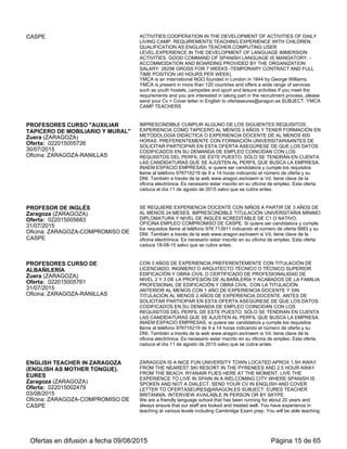 ATMOSPHERE. WE ALSO OFFER HELP TO FIND ACCOMMODATION,
TEACHER TRAINING BEFORE STARTING TO WORK AND SUPPORT DURING
THE ACADEMIC YEAR.IF YOU MEET THE REQUIREMENTS, PLEASE SEND
YOUR CV + APPLICATION LETTER TO MARGENTE@IDIOMASTERUEL.COM
WITH COPY TO: OFERTASEURES@ARAGON.ES SUBJECT: ENGLISH
TEACHER SYSTEM
Idiomas Teruel is a company based in Zaragoza with more than 30 years of
experience teaching English. We have 5 centres in Aragón (Teruel, Andorra, Ejea,
Tarazona and Zaragoza), more than 60 employees; we teach around 3000 students
a year. We are Trinity College Examination and Preparation Centre and Cambridge
Examination Centre. We teach all levels, students from 3 years old to adults. If you
meet the requirements, please send your CV + Application letter to
margente@idiomasteruel.com with copy to: ofertaseures@aragon.es SUBJECT:
English Teacher SYSTEM After receiving the CV by e-mail we will contact the
chosen candidates for an interview on Skype.
ENGLISH TEACHER IMMERSION
PROJECT (ENGLISH AS MOTHER
TONGUE). EURES
Zaragoza (ZARAGOZA)
Oferta: 022015005069
27/08/2015
Oficina: ZARAGOZA-COMPROMISO DE
CASPE
FROM SEPTEMBER TO NOVEMBER .WE NEED 20 TEACHERS, FOR AN
IMMERSION PROJECT WITH STUDENTS BETWEEN 11 AND 14 YEARS OLD.
IMMERSIONS START ON SUNDAY EVENING AND END ON SATURDAY
MORNING. WE ARE TALKING ABOUT A PERIOD OF 7 WEEKS IN WHICH
TEACHERS AND MONITORS WILL ALTERNATIVELY WORK. WE SEARCH FOR
2 DIFFERENT PROFILES: 1. TEACHER: IN CHARGE OF ONE GROUP OF 25
STUDENTS, 8 HOURS PER DAY DURING 5 DAYS, LIVE IN POSITION. THE
IMMERSIONS START ON SUNDAY EVENING AND END ON SATURDAY
MORNING. THE SESSIONS ARE ALREADY PREPARED BY THE COMPANY AND
SENT TO THE TEACHER PREVIOUSLY IN ORDER TO PREPARE THEM. THE
GOAL IS TO PROVIDE ALL THE CONTENT TO THE STUDENTS AND MAKE
SURE THEY ARE ENGAGED WHILE THEY ARE LEARNING. WE ASK FOR
TEACHERS WITH FORMAL QUALIFICATIONS AND MINIMUM 4 YEARS
EXPERIENCE. 2. MONITOR: IN CHARGE FULL TIME TO HELP WITH THE
ACTIVITIES. LIVE IN POSITION DURING THE 6 DAYS. MONITORS NEED
QUALIFICATIONS IN EDUCATION AND PREVIOUS EXPERIENCE IN SIMILAR
ACTIVITIES. SEND YOUR CV AND COVER LETTER TO
OFERTASEURES@ARAGON.ES SUBJECT: IMMERSION PROJECT
Our company started to work in education 25 years ago. Our main goals is to advice
and help Schools implementing the bilingual system and introduce new educational
methods. We organize extracurricular activities in the School and also English
immersions in Spain and stays in English speaking countries. We also organize
training sessions for School Teachers. Driven License is a plus. During the free week
we will try to offer them activities in order to supply the salary Salary 300/420 gross
per week Available Positions in Arágon, Madrid, Valencia Send your CV and Cover
letter to ofertaseures@aragon.es SUBJECT: IMMERSION PROJECT Interviews on
skype or by phone.
TEACHER IMMERSION PROGRAM
(ENGLISH MOTHER TONGUE)
Zaragoza (ZARAGOZA)
Oferta: 022015005664
27/08/2015
Oficina: ZARAGOZA-COMPROMISO DE
CASPE
WE ARE CURRENTLY SEARCHING FOR ENGLISH SPEAKING NATIVE LEISURE
TIME TO MANAGE LANGUAGE IMMERSION PROGRAMS (VILLAGES IN
CUENCA AND SORIA PROVINCES). HE/SHE WILL DEVELOP MONITOR TASKS
FOR 7 WEEKS (27TH SEPTEMBER TO 14TH NOVEMBER) MONDAY TO
SUNDAY, AND WILL COEXIST IN THE CAMP S FACILITIES, NIGHTS INCLUDED.
TASK: PROGRAMMING, TEACHING AND EVALUATION OF THE TRAINING.
DESIGN AND PREPARATION OF MATERIAL AND DOCUMENTATION OF THE
ACTIVITIES.COOPERATION IN THE DEVELOPMENT OF ACTIVITIES OF DAILY
LIVING CAMP. REQUIREMENTS:TEACHING EXPERIENCE WITH CHILDREN.
QUALIFICATION AS ENGLISH TEACHER.COMPUTING USER
LEVEL.EXPERIENCE IN THE DEVELOPMENT OF LANGUAGE IMMERSION
ACTIVITIES. GOOD COMMAND OF SPANISH LANGUAGE IS MANDATORY. -
ACCOMMODATION AND BOARDING PROVIDED BY THE ORGANIZATION
SALARY: 2625€ GROSS FOR 7 WEEKS -TEMPORARY CONTRACT AND FULL
TIME POSITION (40 HOURS PER WEEK)
YMCA is an international NGO founded in London in 1844 by George Williams.
YMCA is present in more than 120 countries and offers a wide range of services
such as youth hostels, campsites and sport and leisure activities If you meet the
requirements and you are interested in taking part in the recruitment process, please
send your Cv + Cover letter in English to ofertaseures@aragon.es SUBJECT: YMCA
CAMP TEACHERS
Ofertas en difusión a fecha 06/09/2015 Página 15 de 63
 