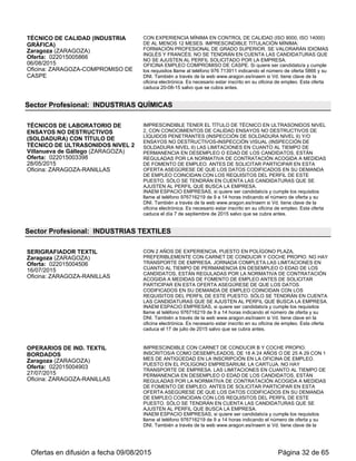 oficina electrónica. Es necesario estar inscrito en su oficina de empleo. Esta oferta
caduca 15-09-15 salvo que se cubra antes.
MECÁNICOS Y SOLDADORES
ALUMINIO
Huesca (HUESCA)
Oferta: 022015006455
01/09/2015
Oficina: HUESCA
SE NECESITAN CUBRIR DOS PUESTOS.--- REQUISITOS: PARA EL PUESTO DE
MECÁNICO DE VEHÍCULOS INDUSTRIALES, TENER EXPERIENCIA EN DICHO
PUESTO DE 2 AÑOS Y CARNÉ DE CONDUCIR.---FUNCIONES: MECÁNICA EN
GENERAL, EQUIPO DE DIAGNÓSTICO, ELECTRICIDAD Y AIRE
ACONDICIONADO. PARA EL PUESTO DE SOLDADOR SE REQUIERE
EXPERIENCIA DE 2 AÑOS COMO OFICIAL EN SOLDADURA DE ALUMINIO Y
CARNÉ DE CONDUCIR.---SE OFRECE PARA AMBOS PUESTOS: CONTRATO
TEMPORAL DE 3 MESES A JORNADA COMPLETA EN HORARIO DE MAÑANAS
Y TARDES Y DE LUNES A VIERNES. INCORPORACIÓN INMEDIATA.
Enviar currículum a la Oficina de empleo de Huesca:
inaem.oehuesca@aragon.es,indicando en el asunto su número de DNI y la
referencia 6455 MECÁNICO Ó 6455 SOLDADOR (sólo se atenderánlos CV que lo
reflejen de este modo). Desde la oficina de empleo remitiremos a la empresa el
currículum de los candidatos que cumplan los requisitos. Después será la entidad la
que decida a quién cita para entrevista. --- Abstenersesino cumple los requisitos
solicitados por la empresa. --- Si es candidato adecuado se le informará en el plazo
de una semana.
ELECTROMECÁNICO DEL AUTOMÓVIL
Tauste (ZARAGOZA)
Oferta: 022015006476
02/09/2015
Oficina: EJEA DE LOS CABALLEROS
ELECTROMECÁNICO PARA EMPRESA UBICADA EN TAUSTE PARA
REPARACIÓN Y MANTENIMIENTO DEL AUTOMÓVIL. ES NECESARIO TENER
EXPERIENCIA TANTO EN MECÁNICA COMO EN ELECTRICIDAD DEL
AUTOMÓVIL
Si quiere ser candidato envíe curriculum a ofertas.ejea@aragon.es indicando
referencia 022015006476 y número de DNI. Es imprescindible estar dado de alta
como demandante en las oficinas de empleo. Abstenerse candidatos que no
cumplan condiciones. Está oferta caduca el 20/09/2015 o si se cubre antes
MECáNICO AUTOMOCIóN OFICIAL 1ª
Jaca (HUESCA)
Oferta: 022015003453
02/09/2015
Oficina: JACA
ES IMPRESCINDIBLE SER OFICIAL DE PRIMERA Y ACREDITAR 60 MESES DE
EXPERIENCIA. CONTRATO TEMPORAL POSIBILIDAD DE LARGA DURACIóN.
Si usted reúne los requisitos indicados (si no es así su candidatura no será tenida en
cuenta) puede ponerse en contacto con la Oficina de Empleo de Jaca
(inaem.oejaca@aragon.es) indicando su DNI o NIE y el nº de oferta 3453 o
presentar su candidatura a través de la Oficina Electrónica. Es necesario estar
inscrito como demandante de empleo. Habrá que presentarse a la empresa para
entrevista, contacte con nosotros sólo si está en condiciones de poder hacerlo.
ELECTROMECÁNICO DE VEHICULOS
Zaragoza (ZARAGOZA)
Oferta: 022015006502
03/09/2015
Oficina: ZARAGOZA-COMPROMISO DE
CASPE
IMPRESCINDIBLE TITULACIÓN DE FORMACIÓN PROFESIONAL DE TÉCNICO
EN ELECTROMECÁNICA DE VEHÍCULOS O TÉCNICO SUPERIOR EN
AUTOMOCIÓN. IMPRESCINDIBLE EXPERIENCIA MINIMA DE 36 MESES Y
PERMISO DE CONDUCIR.
OFICINA EMPLEO COMPROMISO DE CASPE 4-10. Si quiere ser candidato/a y
cumple los requisitos acuda a esta oficina de empleo con su curriculum vitae, en
horario de 9 a 12 horas, a MESA 15. Es necesario estar inscrito en su Oficina de
Empleo. Esta oferta caduca 10-09-15 salvo que se cubra antes.
Sector Profesional: MONTAJE E INSTALACIÓN
MONTADORES DE ESTRUCTURAS
METÁLICAS OF 1ª
Ejea de los Caballeros (ZARAGOZA)
Oferta: 022015003296
15/05/2015
Oficina: ZARAGOZA-RANILLAS
CON 5 AÑOS DE EXPERIENCIA. CON CARNET DE CONDUCI B Y COCHE
PROPIO. CON CURSO DE PREVENCIÓN DE RIESGOS LABORALES DE 20
HORAS. NO HAY TRANSPORTE DE EMPRESA. SE DEDICARÁ A MONTAR
INSTALACIONES DE GRANJAS. LAS LIMITACIONES EN CUANTO AL TIEMPO
DE PERMANENCIA EN DESEMPLEO O EDAD DE LOS CANDIDATOS, ESTÁN
REGULADAS POR LA NORMATIVA DE CONTRATACIÓN ACOGIDA A MEDIDAS
DE FOMENTO DE EMPLEO. ANTES DE SOLICITAR PARTICIPAR EN ESTA
OFERTA ASEGÚRESE DE QUE LOS DATOS CODIFICADOS EN SU DEMANDA
DE EMPLEO COINCIDAN CON LOS REQUISITOS DEL PERFIL DE ESTE
Ofertas en difusión a fecha 06/09/2015 Página 32 de 63
 