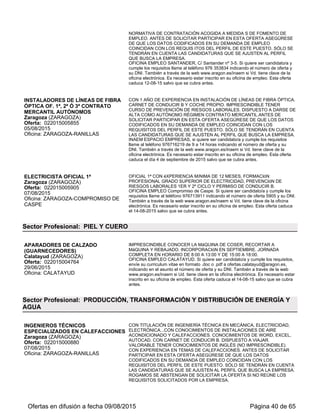 PUESTO. SÓLO SE TENDRÁN EN CUENTA LAS CANDIDATURAS QUE SE
AJUSTEN AL PERFIL QUE BUSCA LA EMPRESA.
INAEM ESPACIO EMPRESAS, si quiere ser candidato/a y cumple los requisitos
llame al teléfono 976716219 de 9 a 14 horas indicando el número de oferta y su
DNI. También a través de la web www.aragon.es/inaem si Vd. tiene clave de la
oficina electrónica. Es necesario estar inscrito en su oficina de empleo. Esta oferta
caduca el día 1 de octubre de 2015 salvo que se cubra antes.
MONITORES MINI CLUB (CON INGLÉS Y
FRANCÉS) PARA MARRUECOS
(ANIMADORES CON NIÑOS Y
ADOLESCENTES DE 4 A 17 AÑOS)
Zaragoza (ZARAGOZA)
Oferta: 022013001938
30/06/2015
Oficina: ZARAGOZA-RANILLAS
IMPRESCINDIBLE INGLÉS Y FRANCÉS MEDIO ALTO, CON TITULACIÓN DE
GRADO SUPERIOR EN ANIMACIÓN SOCIOCULTURAL Y TURÍSTICA O
EDUCACIÓN INFANTIL O MAESTRO EN EDUCACIÓN INFANTIL. PUESTO DE
TRABAJO EN MARRUECOS. POR FAVOR, ANTES DE SOLICITAR PARTICIPAR
EN ESTA OFERTA ASEGÚRESE DE QUE LOS DATOS CODIFICADOS EN SU
DEMANDA DE EMPLEO COINCIDAN CON LOS REQUISITOS DEL PERFIL DE
ESTE PUESTO. SÓLO SE TENDRÁN EN CUENTA LAS CANDIDATURAS QUE SE
AJUSTEN AL PERFIL QUE BUSCA LA EMPRESA.
INAEM ESPACIO EMPRESAS, si quiere ser candidato/a y cumple los requisitos
llame al teléfono 976716219 de 9 a 14 horas indicando el número de oferta y su
DNI. También a través de la web www.aragon.es/inaem si Vd. tiene clave de la
oficina electrónica. Es necesario estar inscrito en su oficina de empleo. Esta oferta
caduca el día 01 DE OCTUBRE de 2015 salvo que se cubra antes
MONITORES ANIMADORES PETIT CLUB
CON INGLES Y FRANCÉS ALTO PARA
MARRUECOS
Zaragoza (ZARAGOZA)
Oferta: 022014000551
30/06/2015
Oficina: ZARAGOZA-RANILLAS
CON TITULACIÓN DE DIPLOMATURA EN EDUCACIÓN INFANTIL O
FORMACIÓN PROFESIONAL EN EDUCACIÓN INFANTIL, CON INGLÉS Y
FRANCÉS MEDIO ALTO. PUESTO EN MARRUECOS EN IMPORTANTE CADENA
HOTELERA, PERIODO DE CONTRATACIÓN DE 3 A 8 MESES. POR FAVOR,
ANTES DE SOLICITAR PARTICIPAR EN ESTA OFERTA ASEGÚRESE DE QUE
LOS DATOS CODIFICADOS EN SU DEMANDA DE EMPLEO COINCIDAN CON
LOS REQUISITOS DEL PERFIL DE ESTE PUESTO. SÓLO SE TENDRÁN EN
CUENTA LAS CANDIDATURAS QUE SE AJUSTEN AL PERFIL QUE BUSCA LA
EMPRESA.
INAEM ESPACIO EMPRESAS, si quiere ser candidato/a y cumple los requisitos
llame al teléfono 976716219 de 9 a 14 horas indicando el número de oferta y su
DNI. También a través de la web www.aragon.es/inaem si Vd. tiene clave de la
oficina electrónica. Es necesario estar inscrito en su oficina de empleo. Esta oferta
caduca el día 01 DE OCTUBRE de 2015 salvo que se cubra antes
PROFESOR/A DE OPOSICIONES
Huesca (HUESCA)
Oferta: 022015005164
09/07/2015
Oficina: HUESCA
SE NECESITA CUBRIR UN PUESTO DE PROFESOR DE
OPOSICIONES.---REQUISITOS: TITULACIÓN UNIVERSITARIA EN DERECHO Y
CONOCIMIENTOS MEDIOS DE OFIMÁTICA.--SE OFRECE: CONTRATO
TEMPORAL DE 15 HORAS SEMANALES.COMIENZO EN OCTUBRE O
NOVIEMBRE.
Enviar C.V. a: inaem.oehuesca@aragon.es, indicando en el asunto nº de N.I.F. yla
referencia 5164,(solo se atenderán los c.v. que lo reflejen de este modo).Desde la
oficina se remitirán a la empresa los c.v. de los candidatos que cumplan los
requisitos, será la entidad la que se pondrá en contacto si lo considera oportuno. No
se tendrán en cuenta los C.V. que no se ajusten al perfil delpuesto. Si es candidato
adecuado se le informará en el plazo de una semana.
AYUDANTE DE PELUQUERÍA
Zaragoza (ZARAGOZA)
Oferta: 022015005365
17/07/2015
Oficina: ZARAGOZA-COMPROMISO DE
CASPE
CON 2 AñOS DE EXPERIENCIA Y FORMACIóN PROFESIONAL. MEDIA
JORNADA DE TARDES.
OFICINA EMPLEO Compromiso de Caspe. Si quiere ser candidato/a y cumple los
requisitos llame al teléfono 976713911 indicando el número de oferta y su DNI.
También a través de la web www.aragon.es/inaem si Vd. tiene clave de la oficina
electrónica. Es necesario estar inscrito en su oficina de empleo. Esta oferta caduca
el 07-09-2015 salvo que se cubra antes.
MONITORES ANIMADORES DE BABY
CLUB CON INGLÉS Y FRANCÉS PARA
MARRUECOS. (NIÑOS DE 4 MESES A 2
AÑOS)
Zaragoza (ZARAGOZA)
Oferta: 022014000543
CON INGLÉS Y FRANCÉS MEDIO ALTO. CON TITULACIÓN DE DIPLOMADO EN
EDUCACIÓN INFANTIL O TITULACIÓN DE TÉCNICO JARDINES DE INFANCIA,
TÉCNICO SUPERIOR EDUCACIÓN INFANTIL, TÉCNICO SUPERIOR EN
SANIDAD. SE OFRECE CONTRATACIÓN EN MARRUECOS POR UN PERIODO
DE 3 A 8 MESES. PREFERIBLEMENTE HASTA 35 AÑOS. POR FAVOR, ANTES
DE SOLICITAR PARTICIPAR EN ESTA OFERTA ASEGÚRESE DE QUE LOS
DATOS CODIFICADOS EN SU DEMANDA DE EMPLEO COINCIDAN CON LOS
Ofertas en difusión a fecha 06/09/2015 Página 40 de 63
 