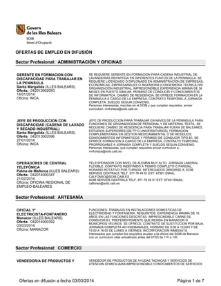 OFERTAS DE EMPLEO EN DIFUSIÓN
Sector Profesional: ADMINISTRACIÓN Y OFICINAS
GERENTE EN FORMACION CON
DISCAPACIDAD PARA TRABAJAR EN
LA PENINSULA
Santa Margalida (ILLES BALEARS)
Oferta: 042013002093
14/01/2014
Oficina: INCA

SE REQUIERE GERENTE EN FORMACION PARA CADENA INDUSTRIAL DE
LAVANDERIAS REPARTIDA EN DIFERENTES PUNTOS DE LA PENINSULA. SE
REQUIERE LICENCIADO O DIPLOMADO EN ADMINISTRACION DE EMPRESAS,
ECONOMICAS, EMPRESARIALES O INGENIERIA (O INGENIERIA TECNICA) EN
ORGANIZACION INDUSTRIAL. IMPRESCINDIBLE EXPERIENCIA MINIMA DE 36
MESES EN PUESTO SIMILAR, PERMISO DE CONDUCIR Y CONOCIMIENTOS
DE INFORMATICA. CAMBIO DE RESIDENCIA. SE OFRECE FORMACION EN LA
PENINSULA A CARGO DE LA EMPRESA, CONTRATO TEMPORAL A JORNADA
COMPLETA. SUELDO SEGUN CONVENIO.
Personas interesadas, inscritas en el SOIB y que cumplan requisitos, enviar
curriculum: mvforteza@soib.caib.es

JEFE DE PRODUCCION CON
DISCAPACIDAD (CADENA DE LAVADO
Y SECADO INDUSTRIAL)
Santa Margalida (ILLES BALEARS)
Oferta: 042013002096
27/01/2014
Oficina: INCA

JEFE DE PRODUCCION PARA TRABAJAR EN NAVES DE LA PENINSULA PARA
FUNCIONES DE ORGANIZACION DE PERSONAL Y DE MATERIAL TEXTIL. SE
REQUIERE CAMBIO DE RESIDENCIA PARA TRABAJAR FUERA DE BALEARES,
ESTUDIOS SUPERIORES (DE FP O UNIVERSITARIOS), FORMACION
COMPLEMENTARIA EN GESTION MEDIOAMBIENTAL O DE RESIDUOS;
CONOCIMIENTOS INFORMATICOS Y PERMISO DE CONDUCIR TIPO B1. SE
OFRECE FORMACION A CARGO DE LA EMPRESA, CONTRATO TEMPORAL
PRORROGABLE A JORNADA COMPLETA Y SUELDO SEGUN CONVENIO.
Personas interesadas, que cumplan requisitos enviar curriculum a:
mvforteza@soib.caib.es

OPERADORES DE CENTRAL
TELEFÓNICA
Palma de Mallorca (ILLES BALEARS)
Oferta: 042014000347
21/02/2014
Oficina: OFICINA REGIONAL DE
EMPLEO-BALEARES

TELEOPERADOR CON NIVEL DE ALEMÁN MUY ALTO. JORNADA LABORAL
FLEXIBLE. CONTRATO INDEFINIDO A TIEMPO COMPLETO O PARCIAL.
HORARIO ROTATIVO POR TURNOS. INTERESADOS DIRIGIRSE A: SOIB
SERVEIS CENTRALS TELF. 971 78 49 91 EXT: 67391 EMAIL:
CALFONSO@SOIB.CAIB.ES
SOIB SERVEIS CENTRALS TELF. 971 78 49 91 EXT: 67391 EMAIL:
calfonso@soib.caib.es

Sector Profesional: ARTESANÍA
OFICIAL 1º
ELECTRICISTA-FONTANERO
Manacor (ILLES BALEARS)
Oferta: 042014000392
03/03/2014
Oficina: MANACOR

FUNCIONES: TRABAJOS EN INSTALACIONES DOMESTICAS DE
ELECTRICIDAD Y FONTANERIA. REQUISITOS: EXPERIENCIA MINIMA DE 10
AÑOS EN LAS FUNCIONES DESCRITAS. IMPRESCINDIBLE CARNE DE
CONDUCIR B1, PREFERENTEMENTE QUE RESIDA EN MANACOR O
MUNICIPIOS VECINOS. SE OFRECE: CONTRATO DE SUSTITUCION POR BAJA,
JORNADA COMPLETA 40 H/SEMANALES, HORARIO DE 8:00 A 13:00H Y DE
15:00 A 18:00 DE LUNES A VIERNES. INCORPORACION INMEDIATA.
Interesados que cumplan los requisitos acudan a la oficina del SOIB de Manacor
con un curriculum vitae actualizado antes del 07/03 de 11h a 14h.

Sector Profesional: COMERCIO
VENDEDOR/A DE PRODUCTOS Y

VENDEDOR DE PRODUCTOS DE AYUDAS TéCNICAS Y SERVICIOS DE
ATENCIóN DOMICILIARIA.IMPRESCINDIBLE CONOCIMIENTOS DE SERVICIOS

Ofertas en difusión a fecha 03/03/2014

Página 1 de 7

 