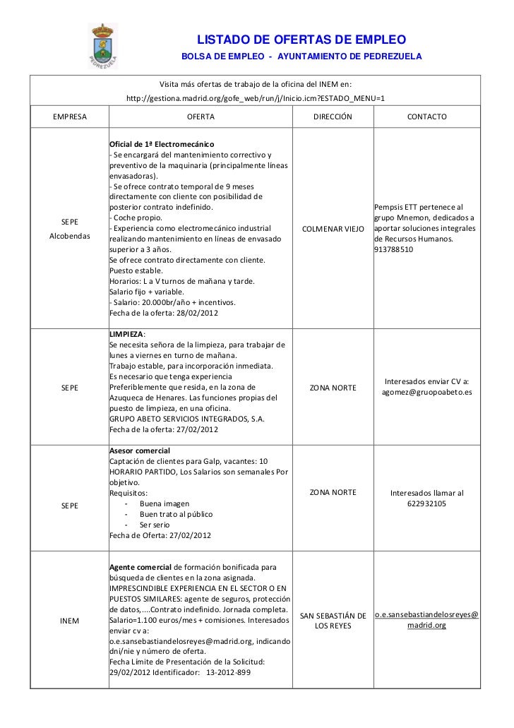 horario oficina inem madrid pedrezuela ofertas de la bolsa de empleo actualizado 5 de horario oficina inem madrid pedrezuela ofertas de la bolsa de empleo actualizado 5 de