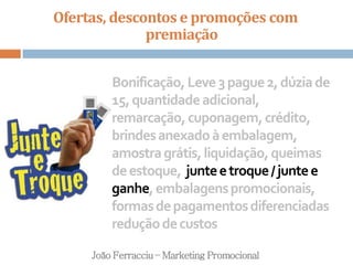 Ofertas, descontos e promoções com
premiação
João Ferracciu – Marketing Promocional
Bonificação,Leve3pague2,dúziade
15,quantidadeadicional,
remarcação,cuponagem,crédito,
brindesanexadoàembalagem,
amostragrátis,liquidação,queimas
deestoque, junteetroque/juntee
ganhe,embalagenspromocionais,
formasdepagamentosdiferenciadas
reduçãodecustos
 