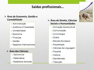 Saídas profissionais…
 Área de Economia, Gestão e
Contabilidade  Área de Direito, Ciências
Sociais e Humanidades
 Área das Ciências
 