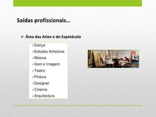 Saídas profissionais…
 Área das Artes e do Espetáculo
 