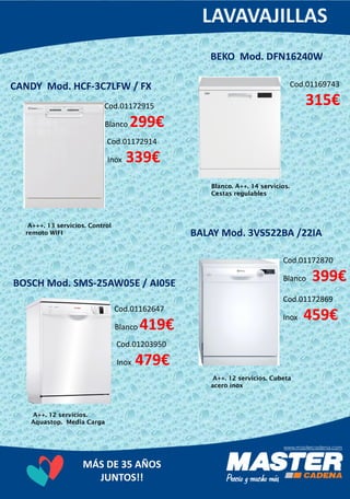 MÁS DE 35 AÑOS
JUNTOS!!
CANDY Mod. HCF-3C7LFW / FX Cod.01169743
315€
A+++. 13 servicios. Control
remoto WIFI
BEKO Mod. DFN16240W
Cod.01172915
Blanco 299€
Blanco. A++. 14 servicios.
Cestas regulables
BALAY Mod. 3VS522BA /22IA
Cod.01172870
Blanco 399€
A++. 12 servicios. Cubeta
acero inox
BOSCH Mod. SMS-25AW05E / AI05E
Cod.01162647
Blanco 419€
Cod.01203950
Inox 479€
A++. 12 servicios.
Aquastop. Media Carga
Cod.01172869
Inox 459€
Cod.01172914
Inox 339€
 