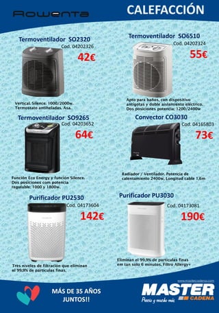 MÁS DE 35 AÑOS
JUNTOS!!
Termoventilador SO2320
Cod. 04202324
55€
Vertical. Silence. 1000/2000w.
Termostato antiheladas. Asa.
Termoventilador SO6510
Cod. 04202326
42€
Apto para baños, con dispositivo
antigotas y doble aislamiento eléctrico.
Dos posiciones potencia: 1200/2400w
Termoventilador SO9265
Cod. 04203652
64€
Función Eco Energy y función Silence.
Dos posiciones com potencia
regulable: 1000 y 1800w.
Convector CO3030
Cod. 04165803
73€
Radiador / Ventilador. Potencia de
calentamiento 2400w. Longitud cable 1,6m
Purificador PU2530
Cod. 04173604
142€
Tres niveles de filtración que eliminan
el 99,9% de partículas finas.
Purificador PU3030
Cod. 04173081
190€
Eliminan el 99,9% de partículas finas
em tan solo 6 minutos. Filtro Allergy+
 